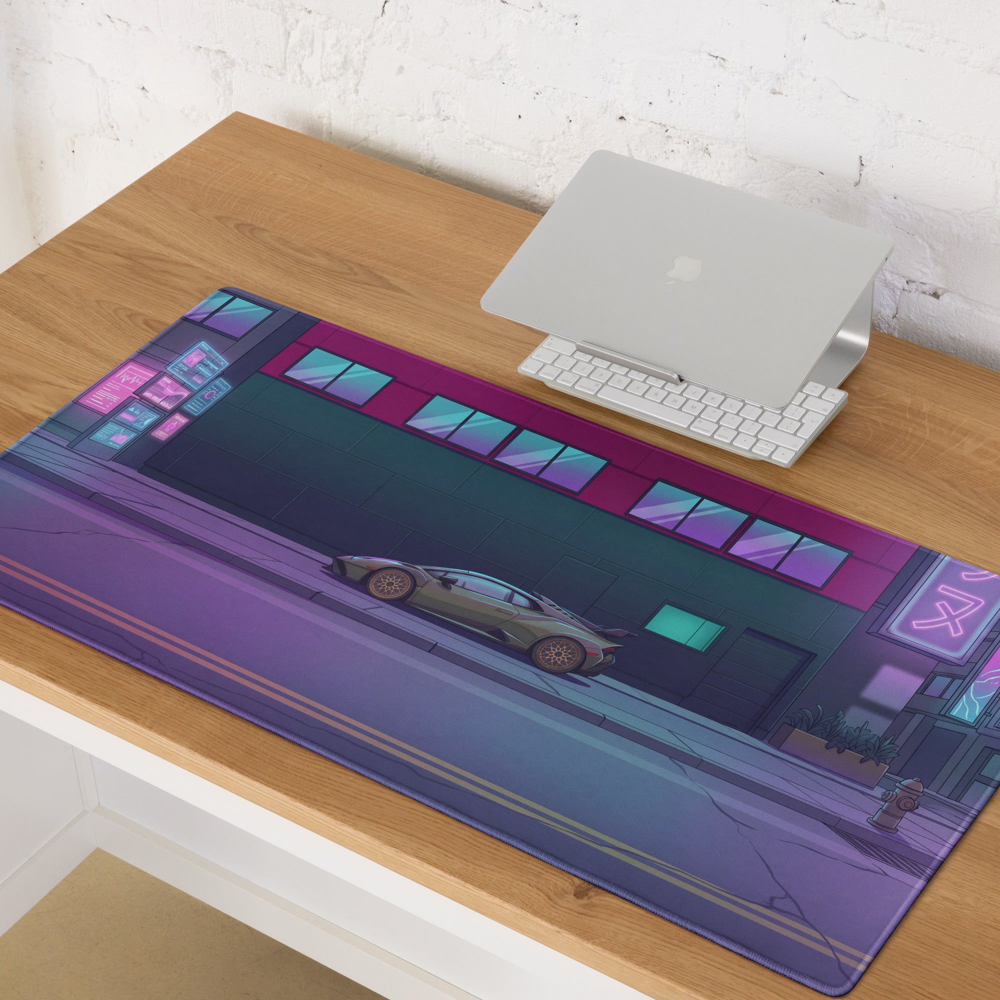 Lamborghini Huracán STO Inspired Gray Pink Vaporwave Gaming Mouse Pad – Neon Cyberpunk Street Desk Mat, Futuristic Urban Supercar Digital Art