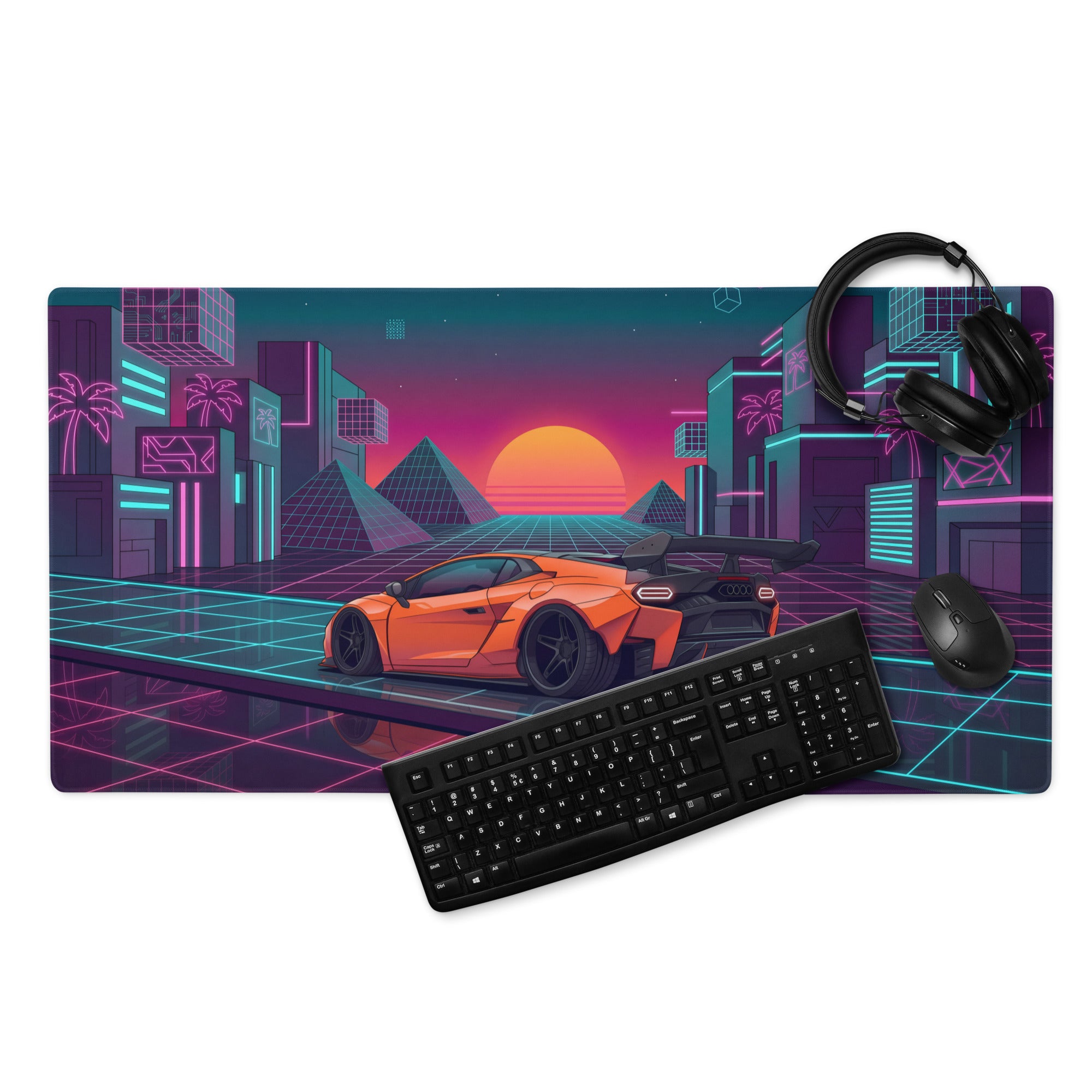 Lamborghini Temerario Inspired Orange Vaporwave Gaming Mouse Pad – Neon Cyberpunk City Desk Mat, Retro Futuristic Supercar Digital Artwork