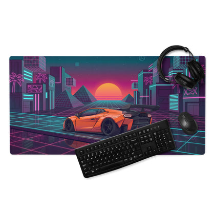 Lamborghini Temerario Inspired Orange Vaporwave Gaming Mouse Pad – Neon Cyberpunk City Desk Mat, Retro Futuristic Supercar Digital Artwork