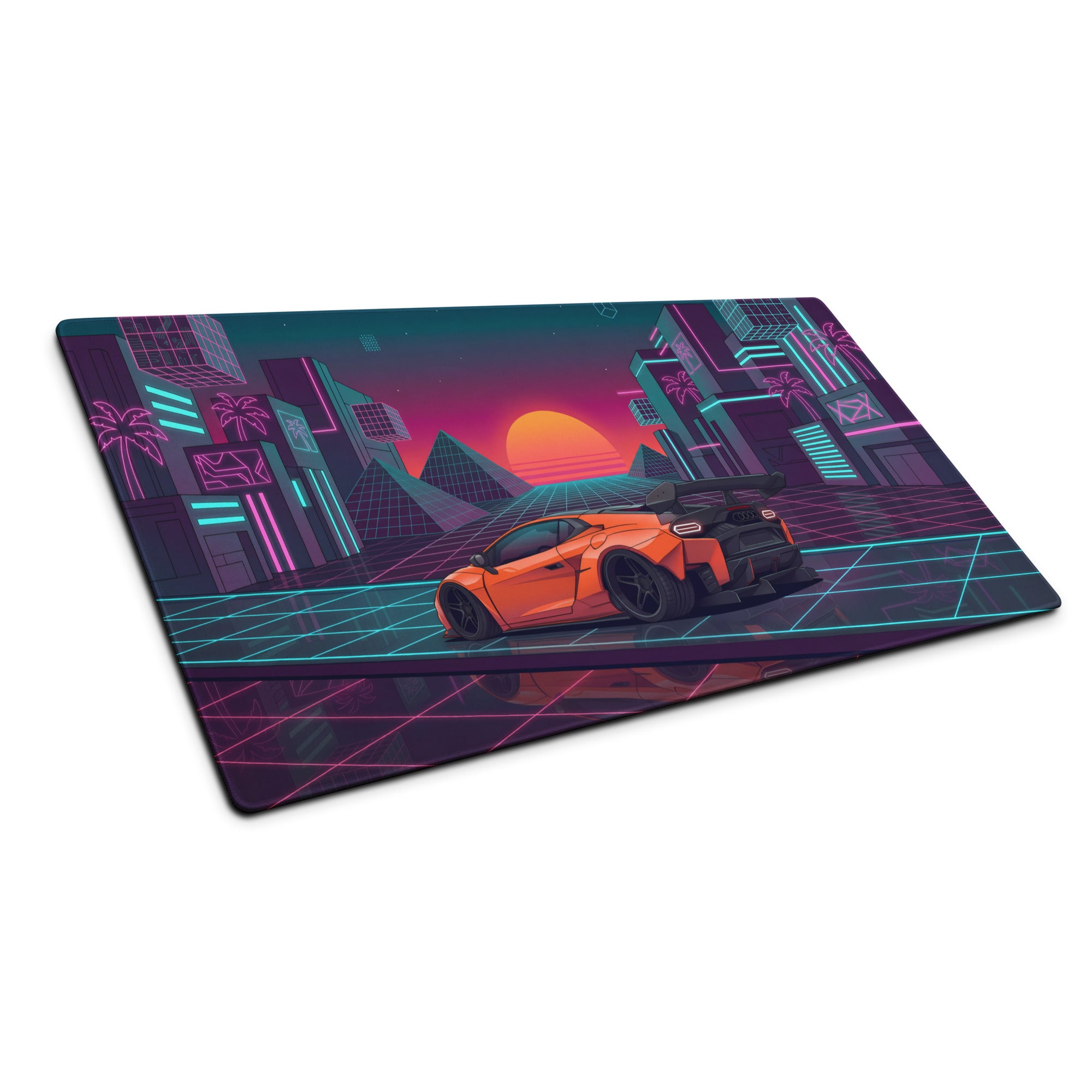 Lamborghini Temerario Inspired Orange Vaporwave Gaming Mouse Pad – Neon Cyberpunk City Desk Mat, Retro Futuristic Supercar Digital Artwork