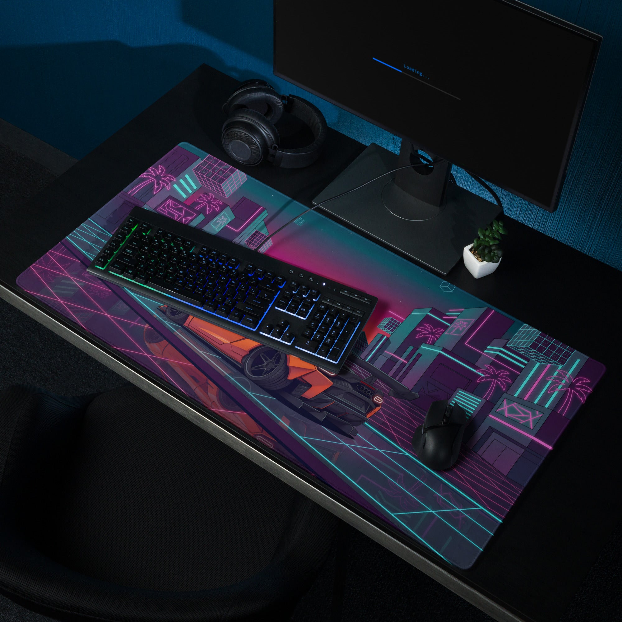 Lamborghini Temerario Inspired Orange Vaporwave Gaming Mouse Pad – Neon Cyberpunk City Desk Mat, Retro Futuristic Supercar Digital Artwork