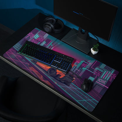 Lamborghini Temerario Inspired Orange Vaporwave Gaming Mouse Pad – Neon Cyberpunk City Desk Mat, Retro Futuristic Supercar Digital Artwork