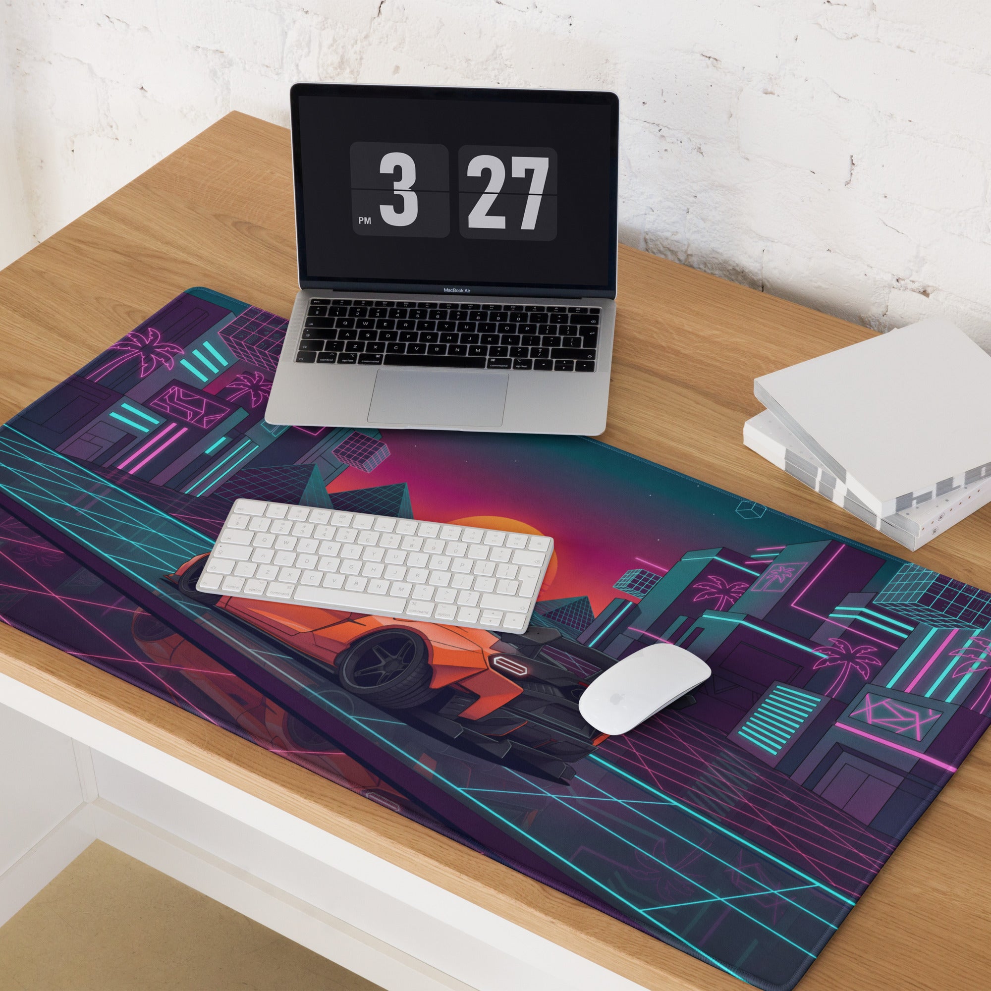 Lamborghini Temerario Inspired Orange Vaporwave Gaming Mouse Pad – Neon Cyberpunk City Desk Mat, Retro Futuristic Supercar Digital Artwork