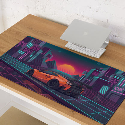 Lamborghini Temerario Inspired Orange Vaporwave Gaming Mouse Pad – Neon Cyberpunk City Desk Mat, Retro Futuristic Supercar Digital Artwork