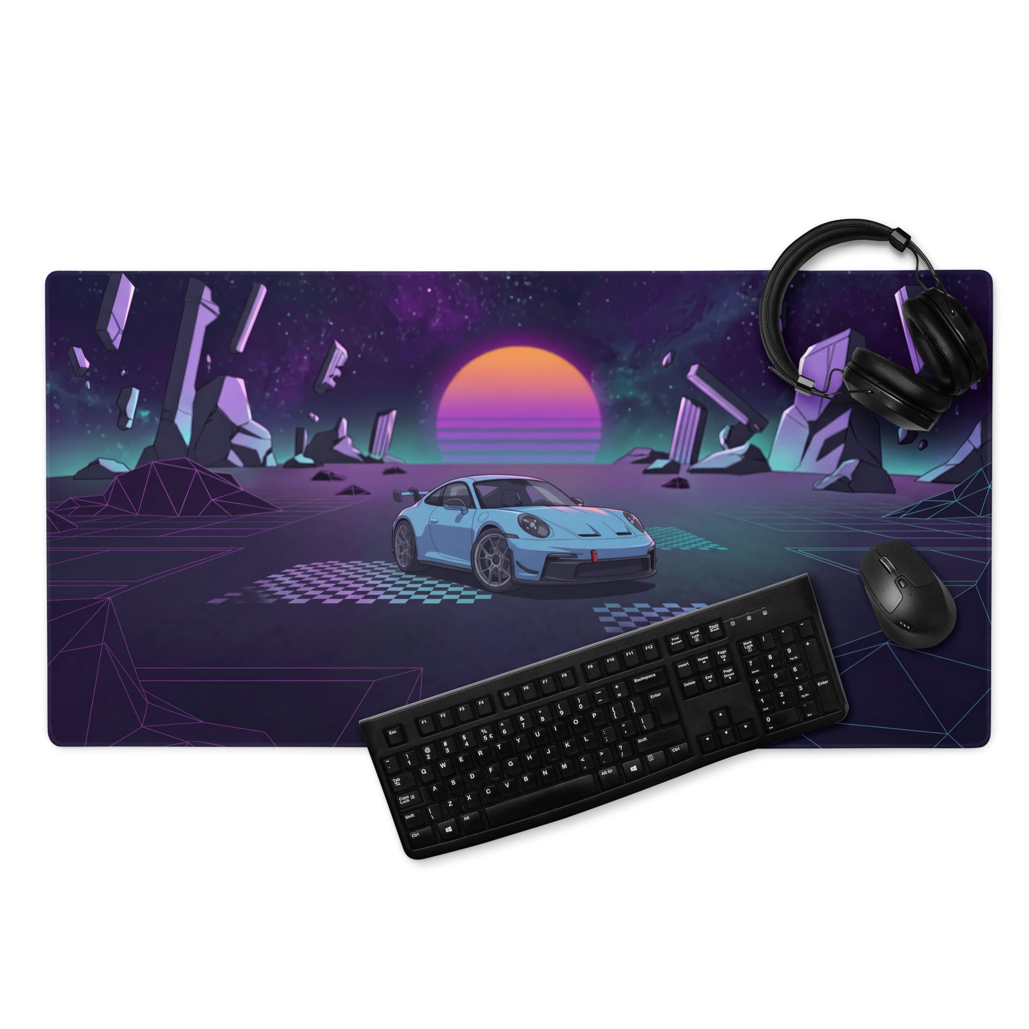Porsche 911 GT3 Inspired Light Blue Purple Vaporwave Gaming Mouse Pad – Cosmic Neon Landscape Desk Mat, Retro Futuristic Racing Car Digital Art