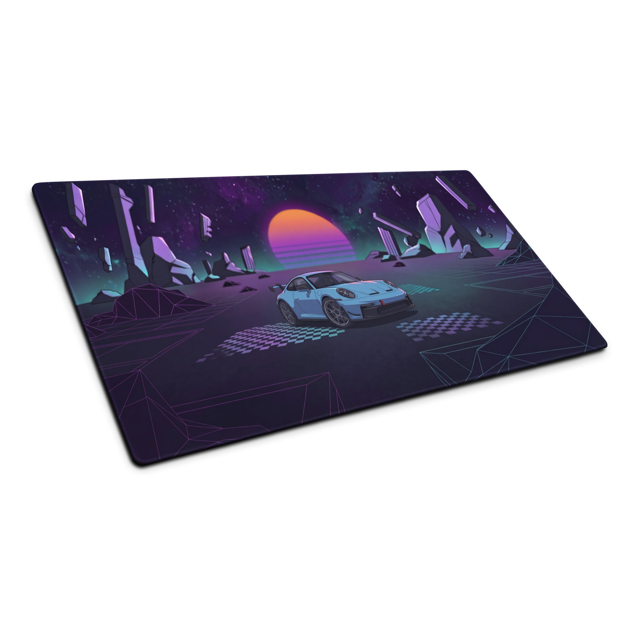 Porsche 911 GT3 Inspired Light Blue Purple Vaporwave Gaming Mouse Pad – Cosmic Neon Landscape Desk Mat, Retro Futuristic Racing Car Digital Art
