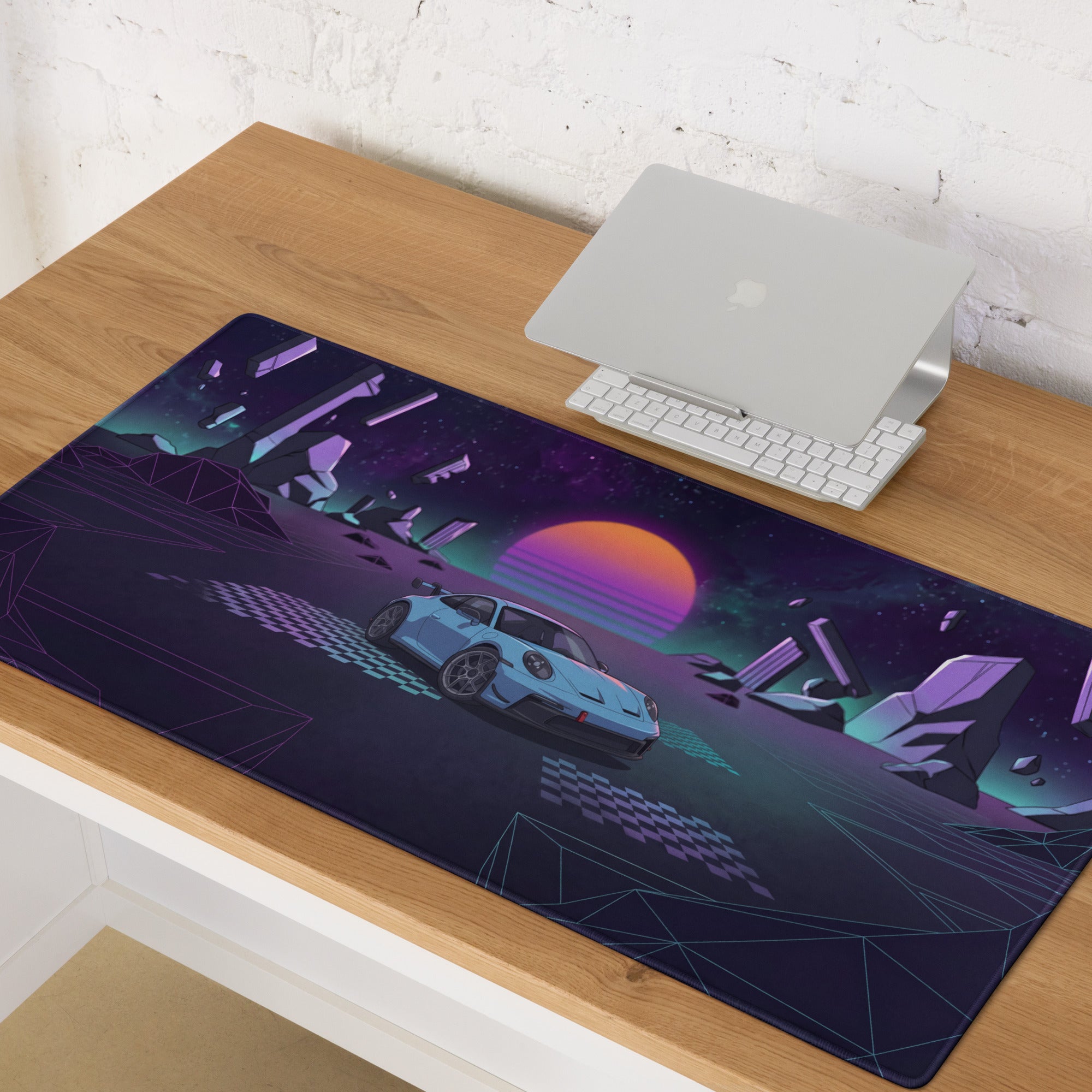 Porsche 911 GT3 Inspired Light Blue Purple Vaporwave Gaming Mouse Pad – Cosmic Neon Landscape Desk Mat, Retro Futuristic Racing Car Digital Art