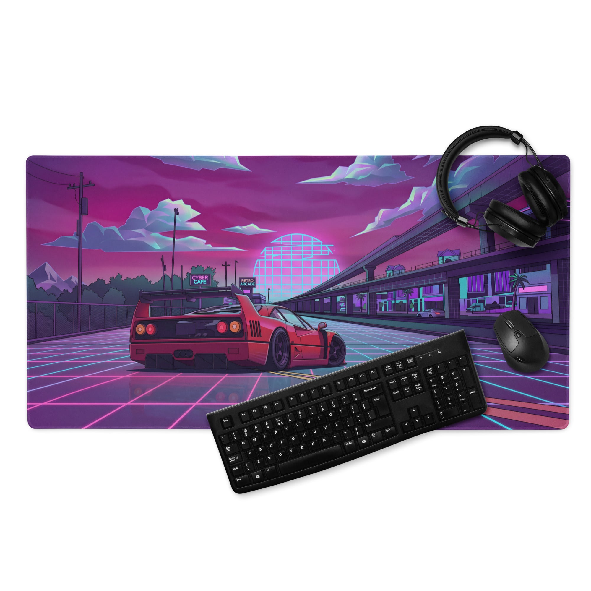 Ferrari F40 Inspired Red Purple Vaporwave Gaming Mouse Pad – Neon Retro Highway Desk Mat, Futuristic Cyberpunk Supercar Digital Artwork