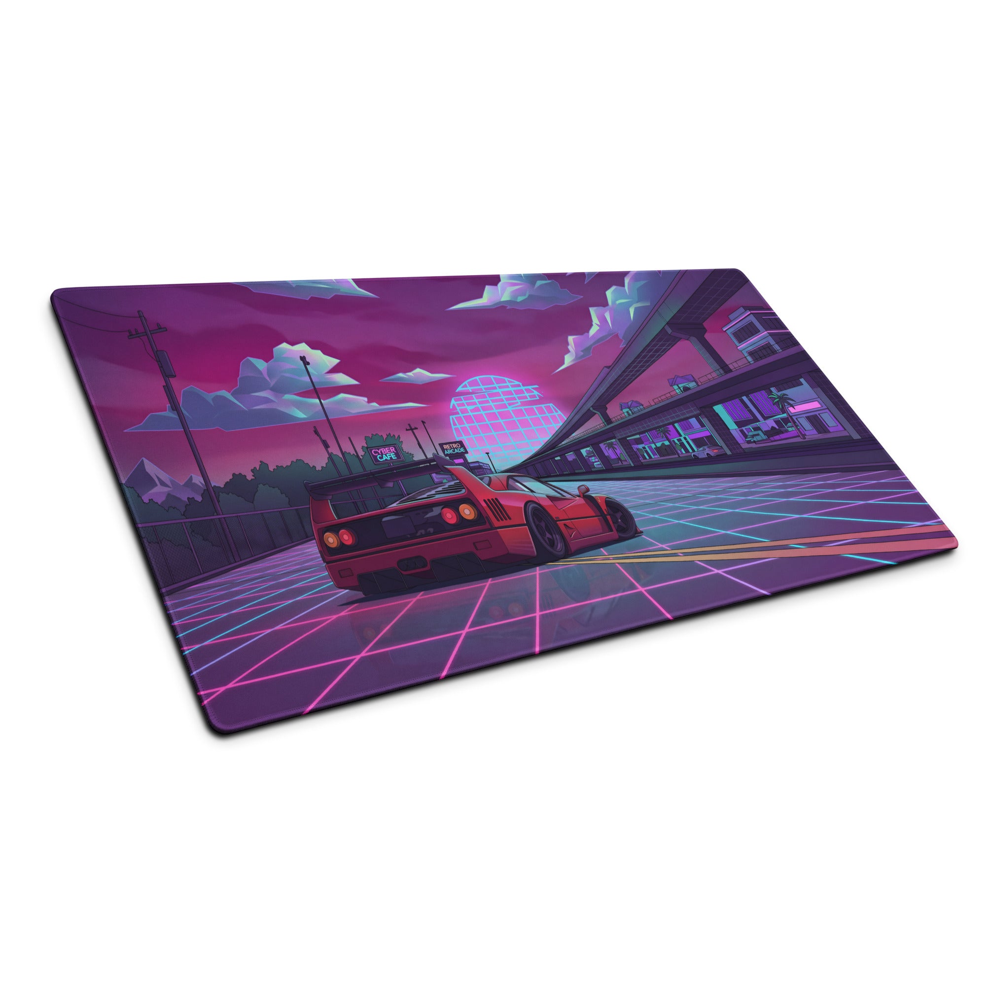 Ferrari F40 Inspired Red Purple Vaporwave Gaming Mouse Pad – Neon Retro Highway Desk Mat, Futuristic Cyberpunk Supercar Digital Artwork