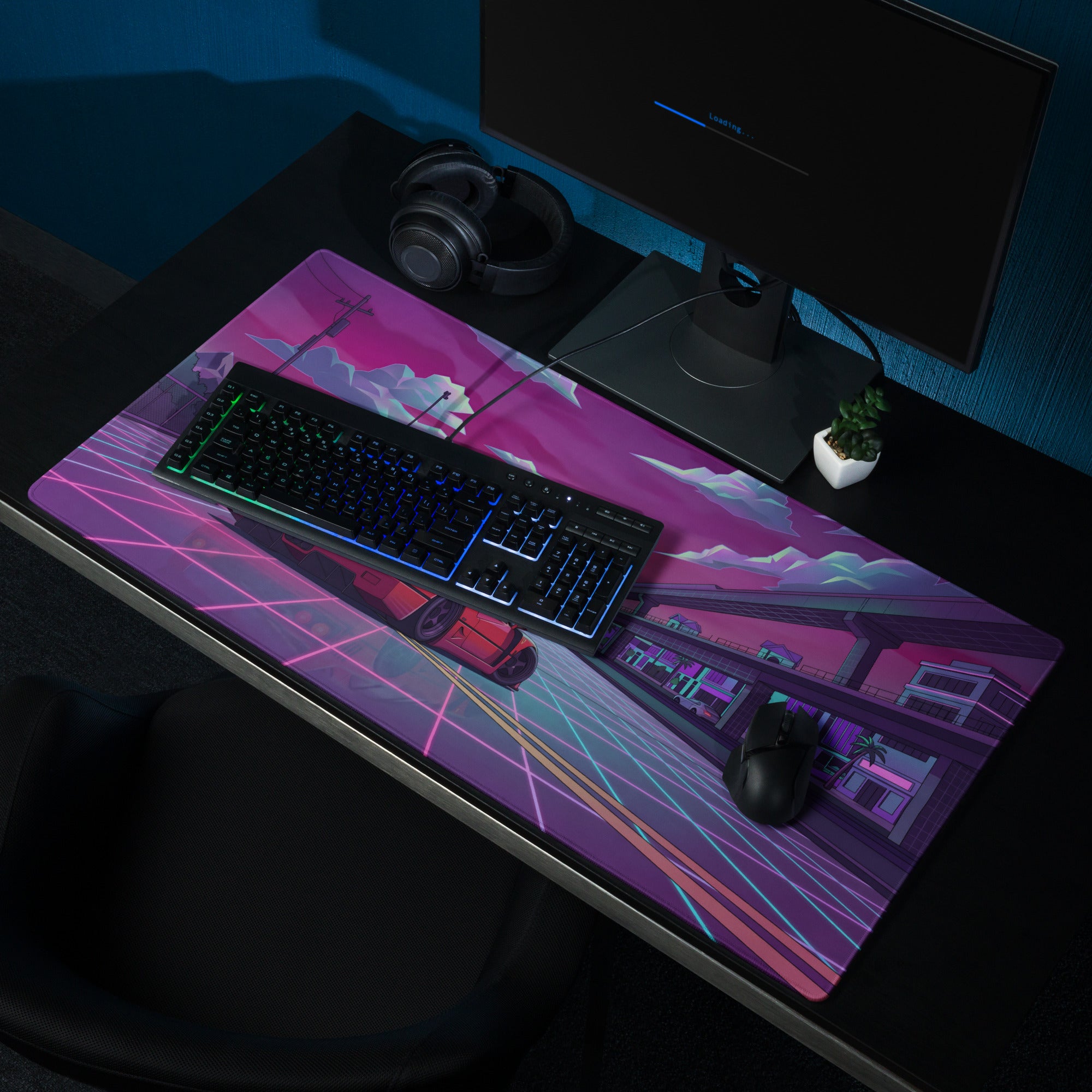 Ferrari F40 Inspired Red Purple Vaporwave Gaming Mouse Pad – Neon Retro Highway Desk Mat, Futuristic Cyberpunk Supercar Digital Artwork
