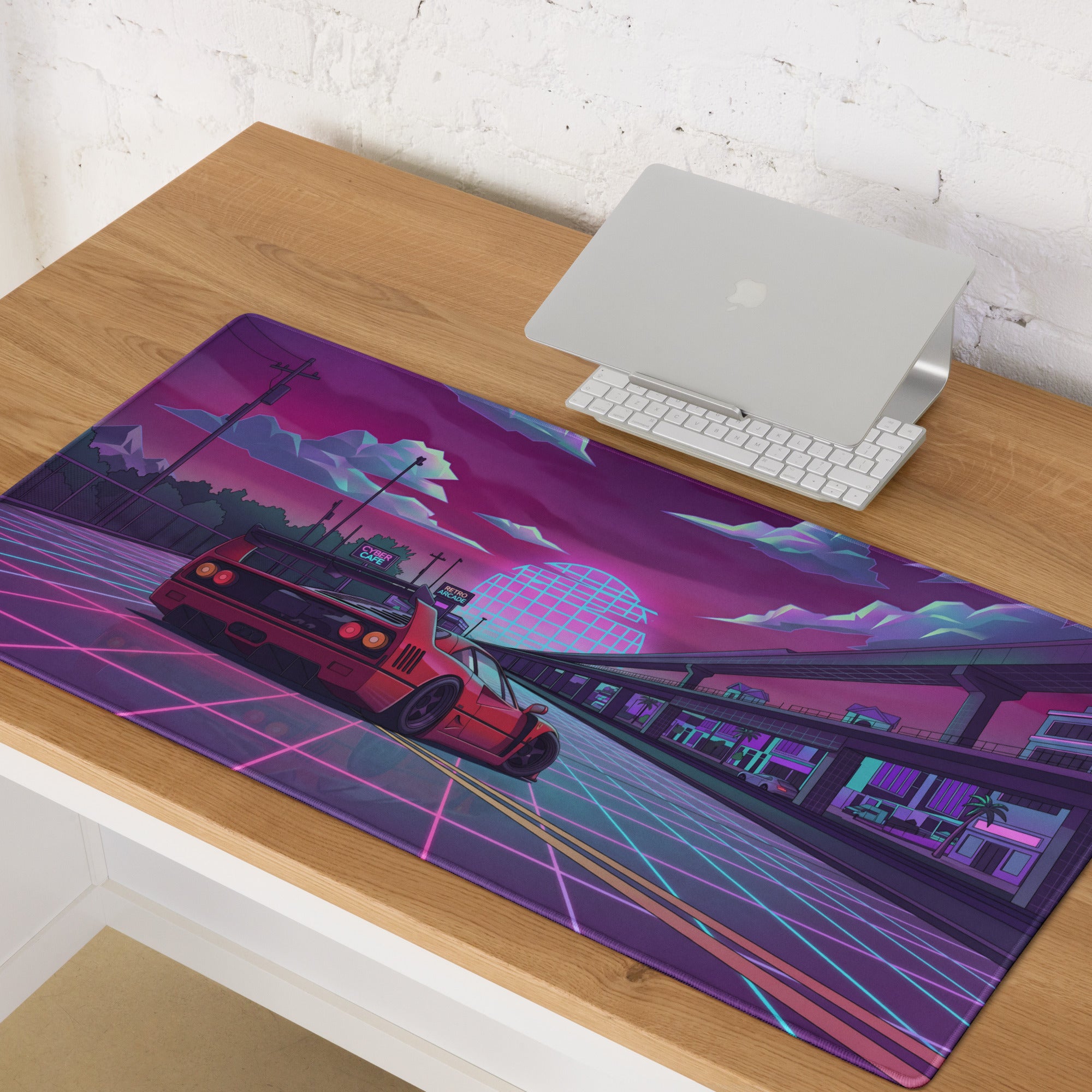 Ferrari F40 Inspired Red Purple Vaporwave Gaming Mouse Pad – Neon Retro Highway Desk Mat, Futuristic Cyberpunk Supercar Digital Artwork