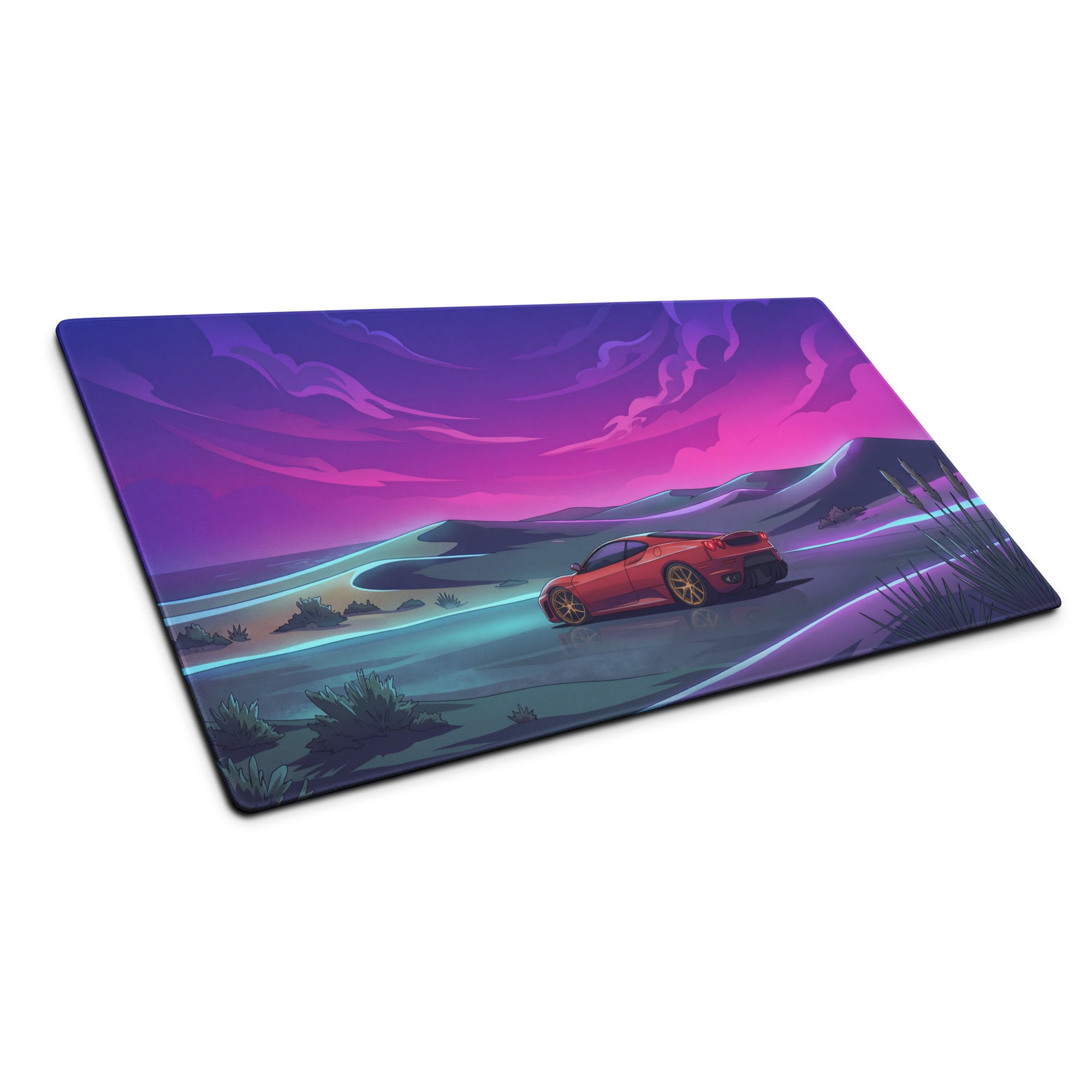 Ferrari F430 Modena Inspired Red Purple Vaporwave Gaming Mouse Pad – Dreamy Neon Desert Desk Mat, Retro Futuristic Supercar Digital Artwork