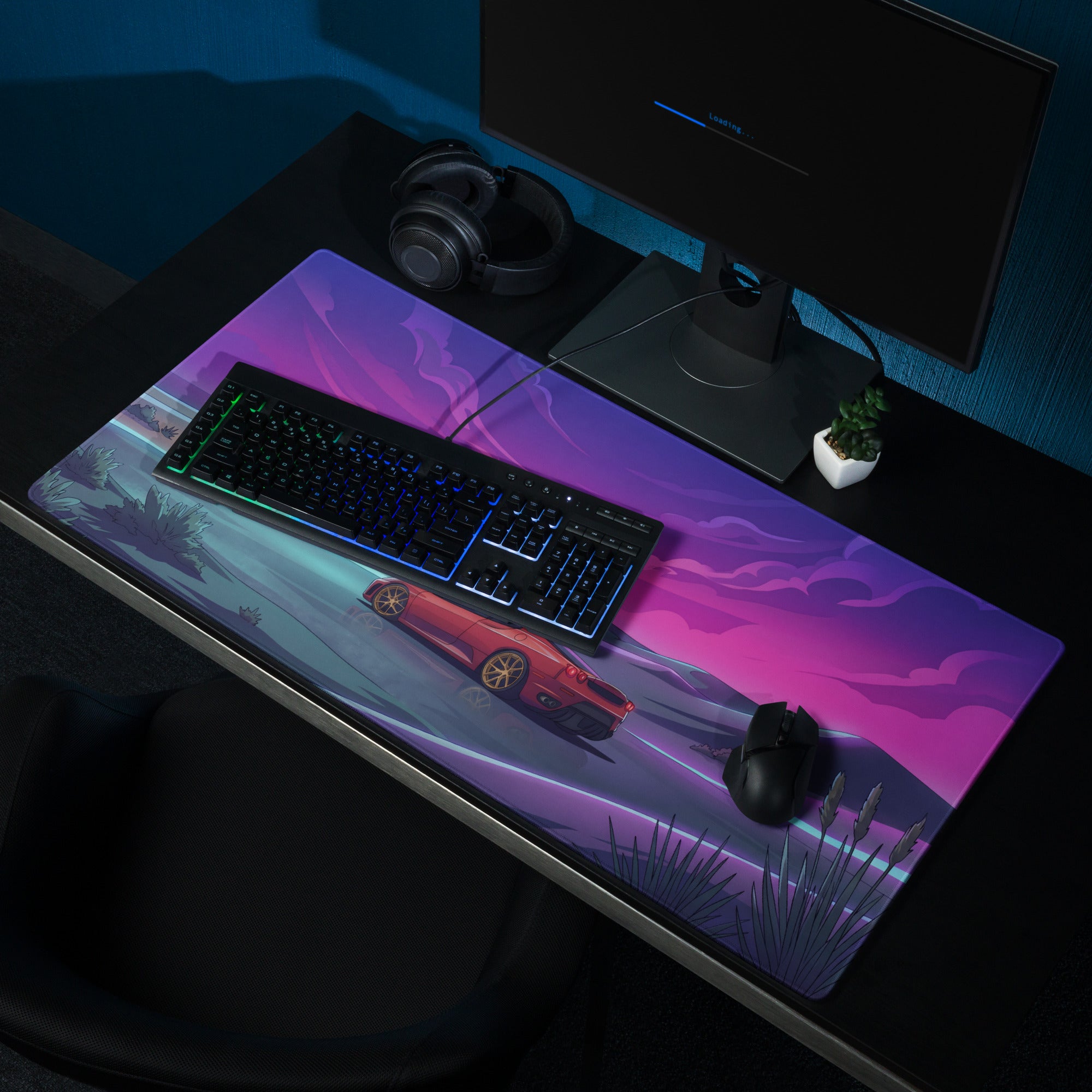 Ferrari F430 Modena Inspired Red Purple Vaporwave Gaming Mouse Pad – Dreamy Neon Desert Desk Mat, Retro Futuristic Supercar Digital Artwork