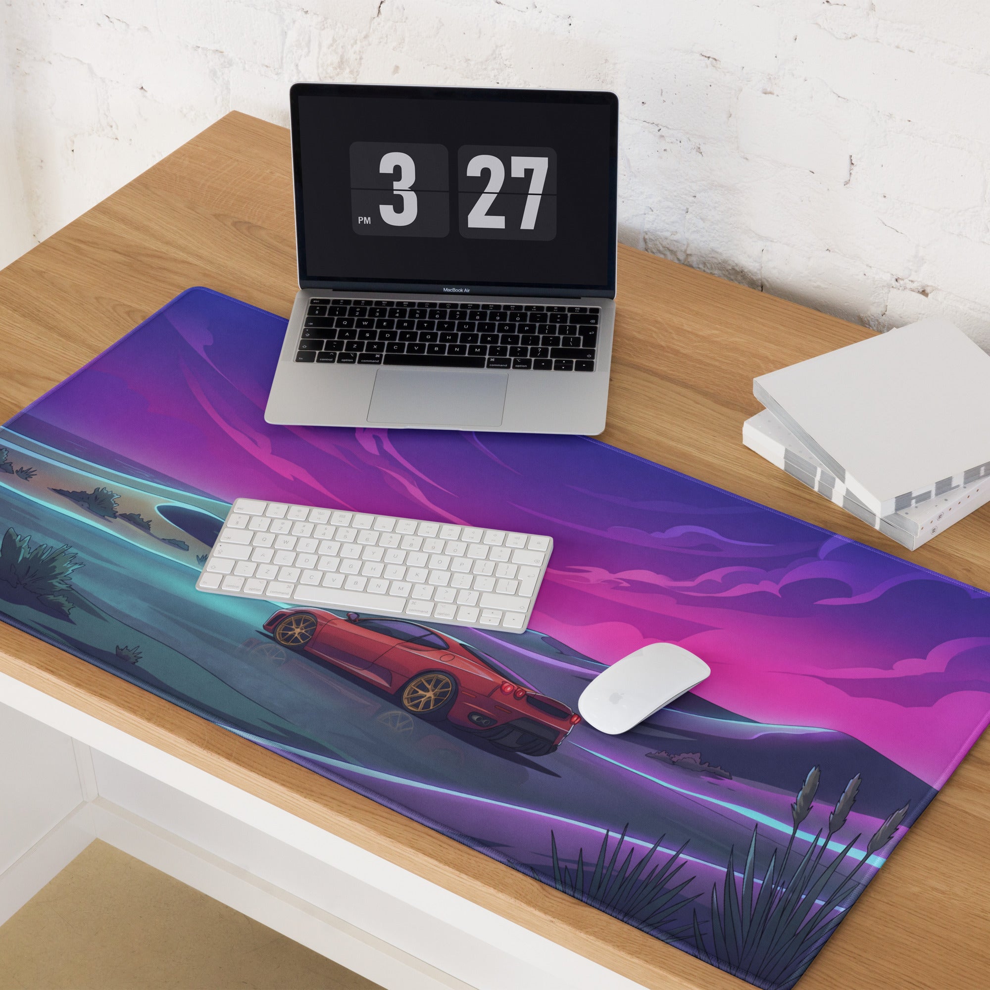 Ferrari F430 Modena Inspired Red Purple Vaporwave Gaming Mouse Pad – Dreamy Neon Desert Desk Mat, Retro Futuristic Supercar Digital Artwork