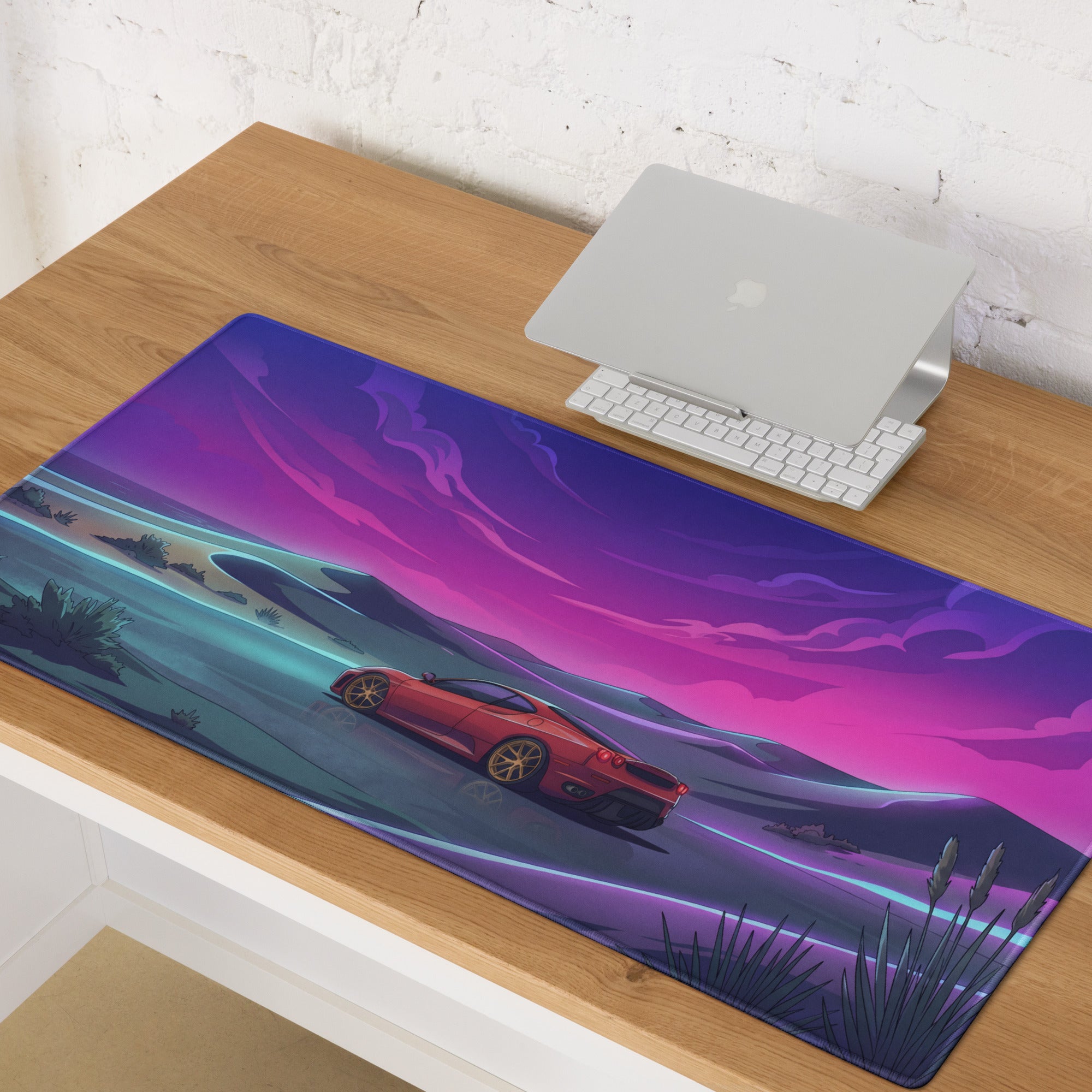 Ferrari F430 Modena Inspired Red Purple Vaporwave Gaming Mouse Pad – Dreamy Neon Desert Desk Mat, Retro Futuristic Supercar Digital Artwork