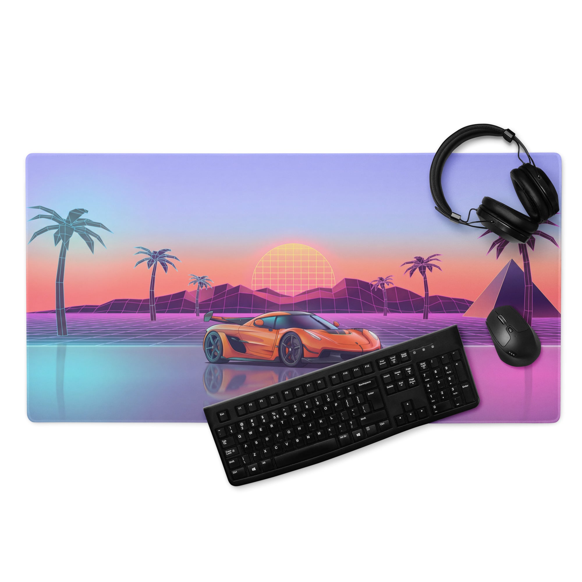 Koenigsegg Jesko Inspired Orange Vaporwave Gaming Mouse Pad – Pastel Neon Palm Tree Desk Mat, Retro Futuristic Hypercar Digital Artwork