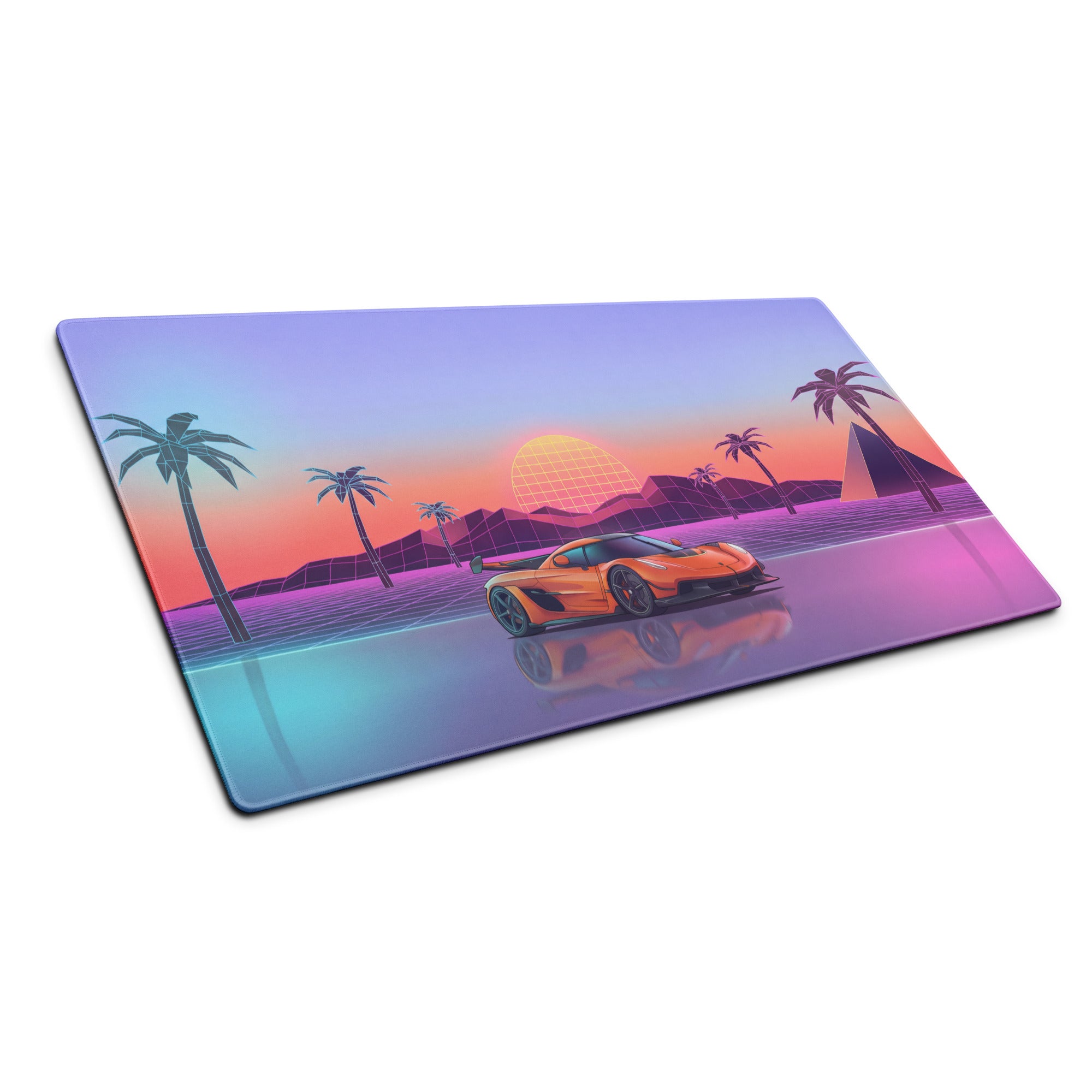 Koenigsegg Jesko Inspired Orange Vaporwave Gaming Mouse Pad – Pastel Neon Palm Tree Desk Mat, Retro Futuristic Hypercar Digital Artwork