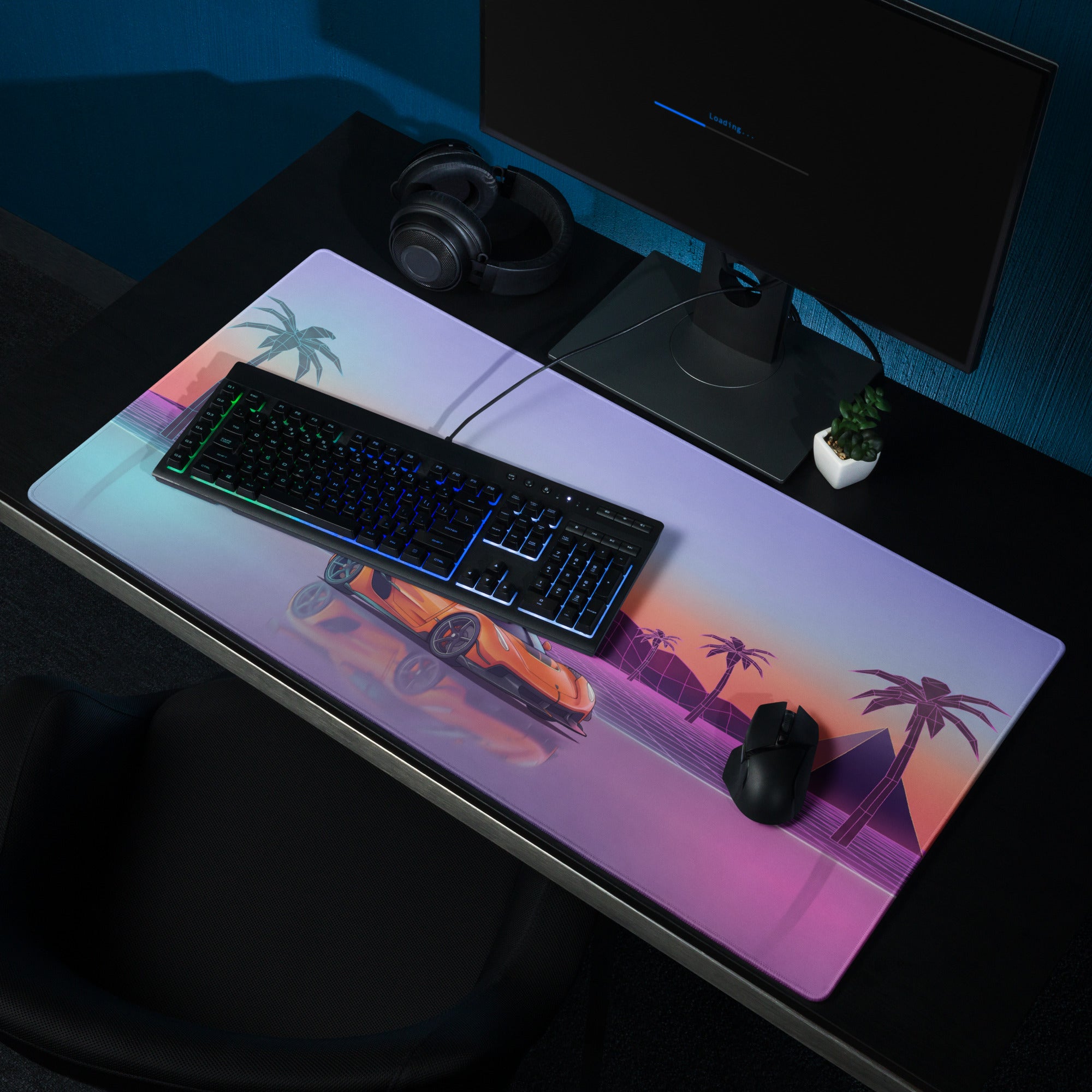 Koenigsegg Jesko Inspired Orange Vaporwave Gaming Mouse Pad – Pastel Neon Palm Tree Desk Mat, Retro Futuristic Hypercar Digital Artwork