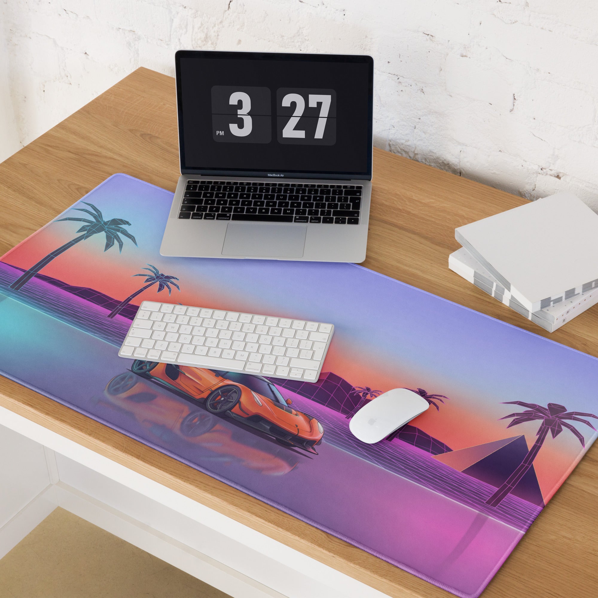 Koenigsegg Jesko Inspired Orange Vaporwave Gaming Mouse Pad – Pastel Neon Palm Tree Desk Mat, Retro Futuristic Hypercar Digital Artwork