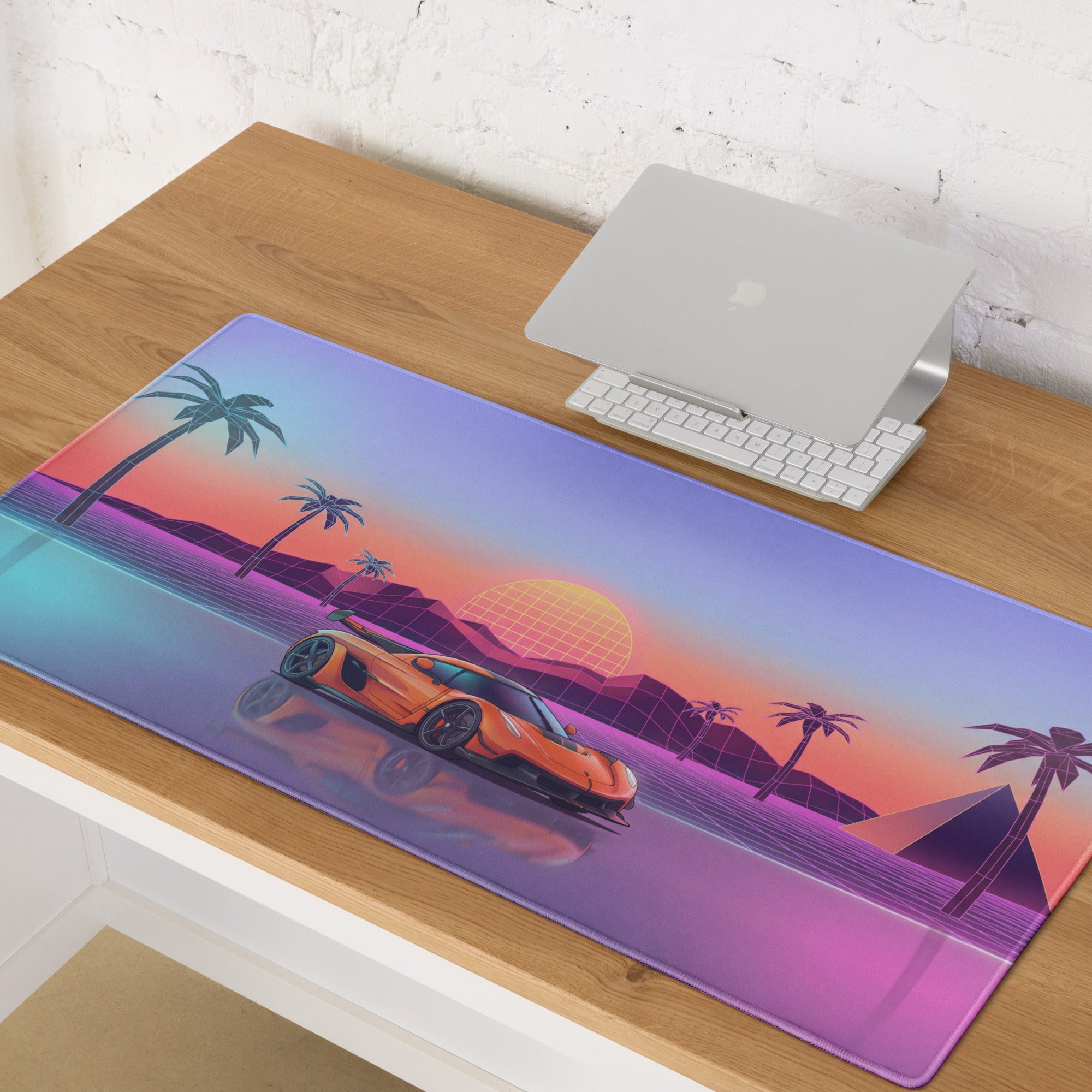 Koenigsegg Jesko Inspired Orange Vaporwave Gaming Mouse Pad – Pastel Neon Palm Tree Desk Mat, Retro Futuristic Hypercar Digital Artwork