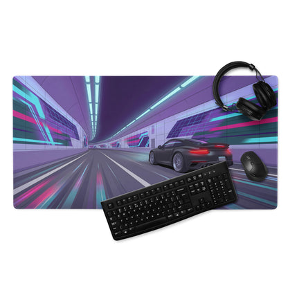Porsche 911 Turbo S Inspired Black Purple Vaporwave Gaming Mouse Pad – Neon Cyberpunk Tunnel Desk Mat, Futuristic Racing Car Digital Artwork