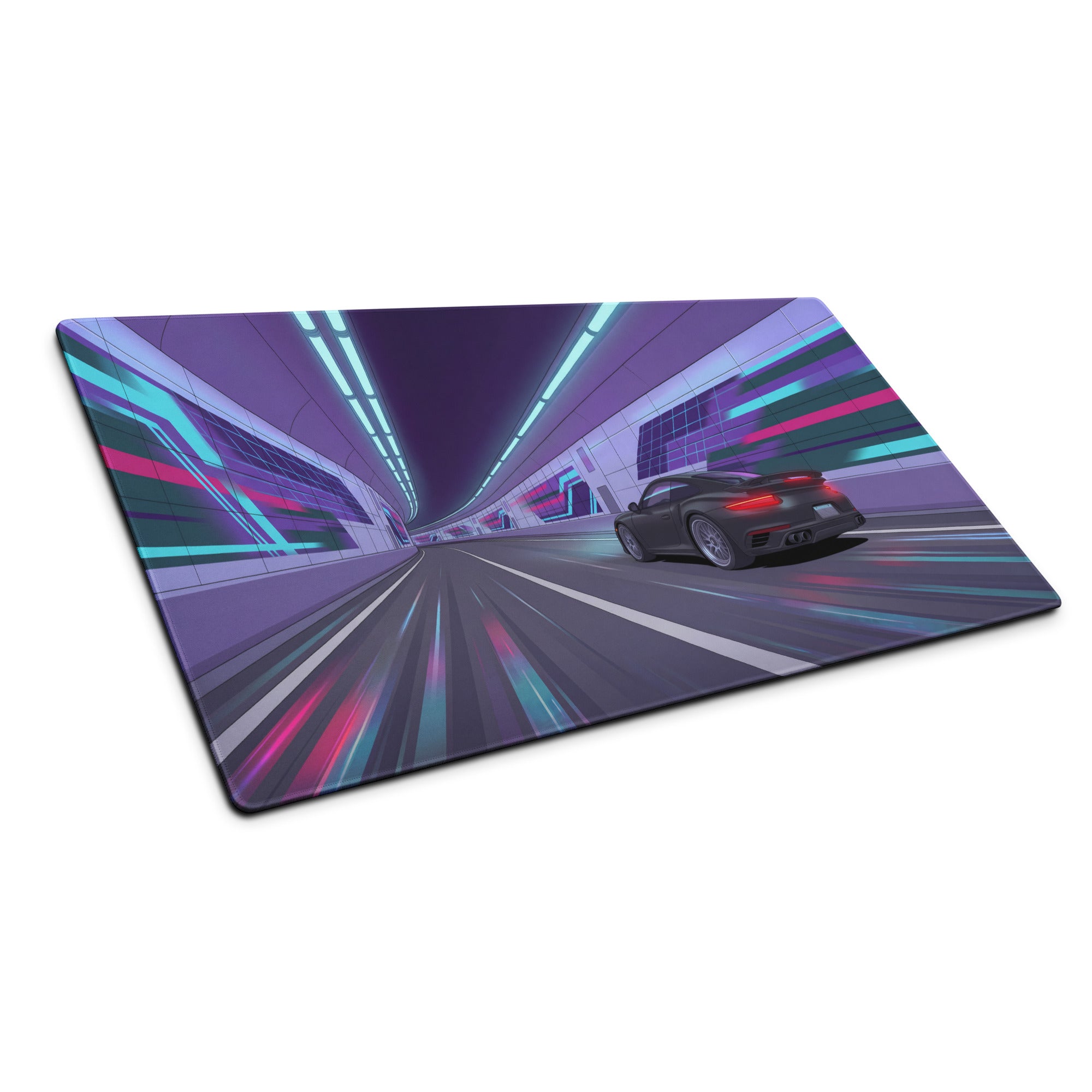 Porsche 911 Turbo S Inspired Black Purple Vaporwave Gaming Mouse Pad – Neon Cyberpunk Tunnel Desk Mat, Futuristic Racing Car Digital Artwork