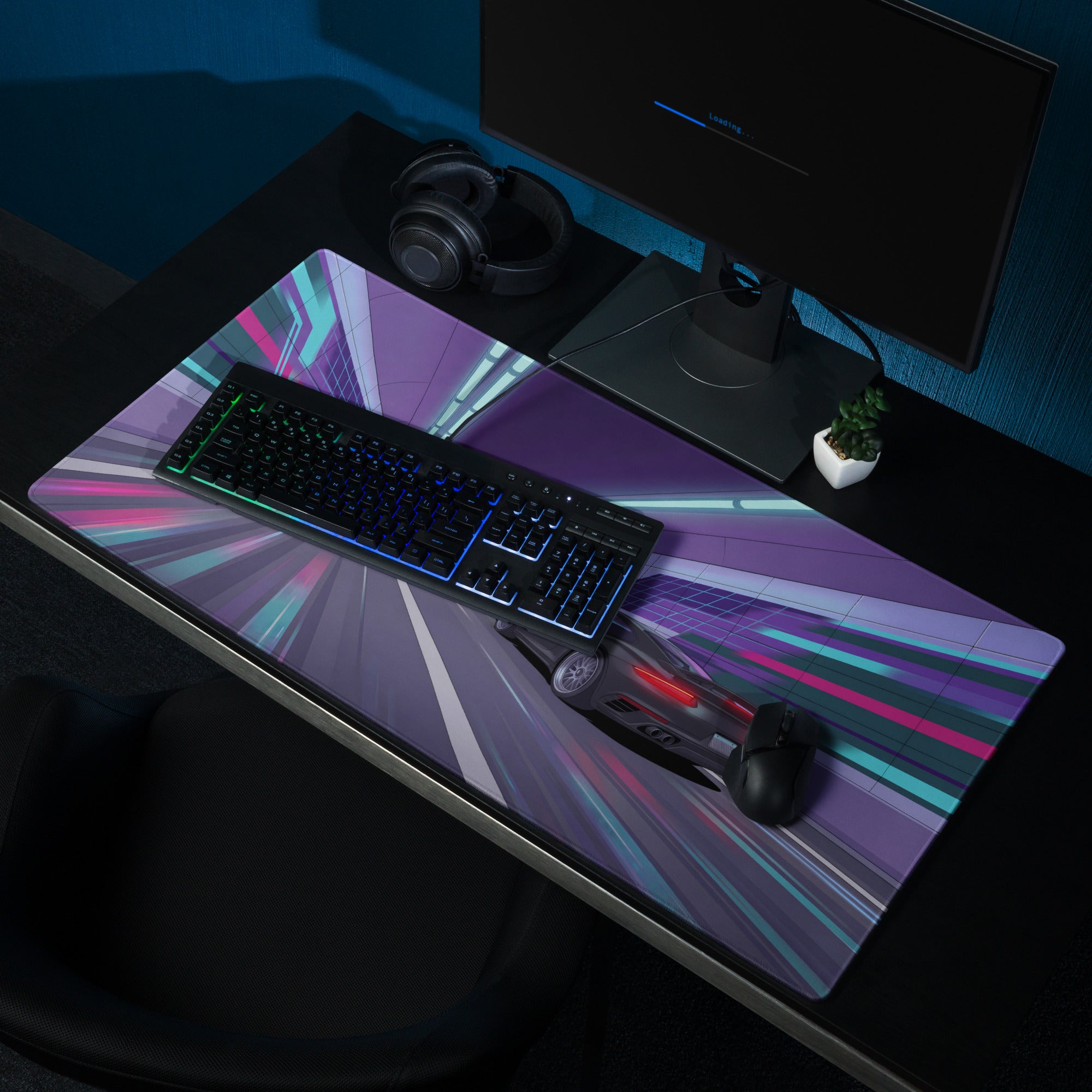Porsche 911 Turbo S Inspired Black Purple Vaporwave Gaming Mouse Pad – Neon Cyberpunk Tunnel Desk Mat, Futuristic Racing Car Digital Artwork