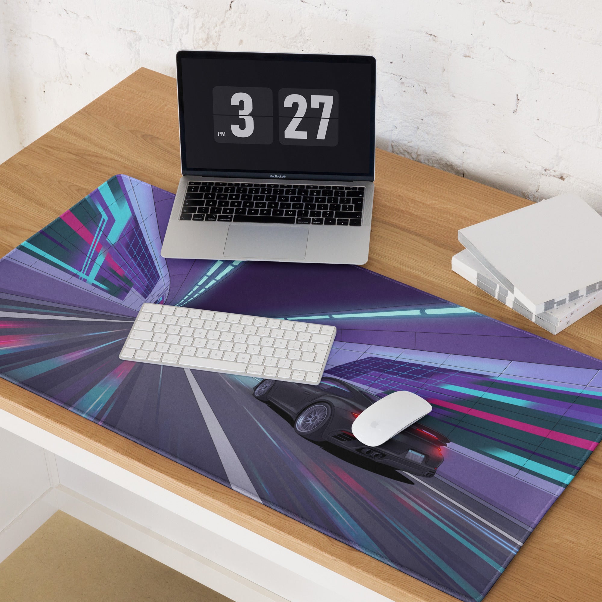 Porsche 911 Turbo S Inspired Black Purple Vaporwave Gaming Mouse Pad – Neon Cyberpunk Tunnel Desk Mat, Futuristic Racing Car Digital Artwork