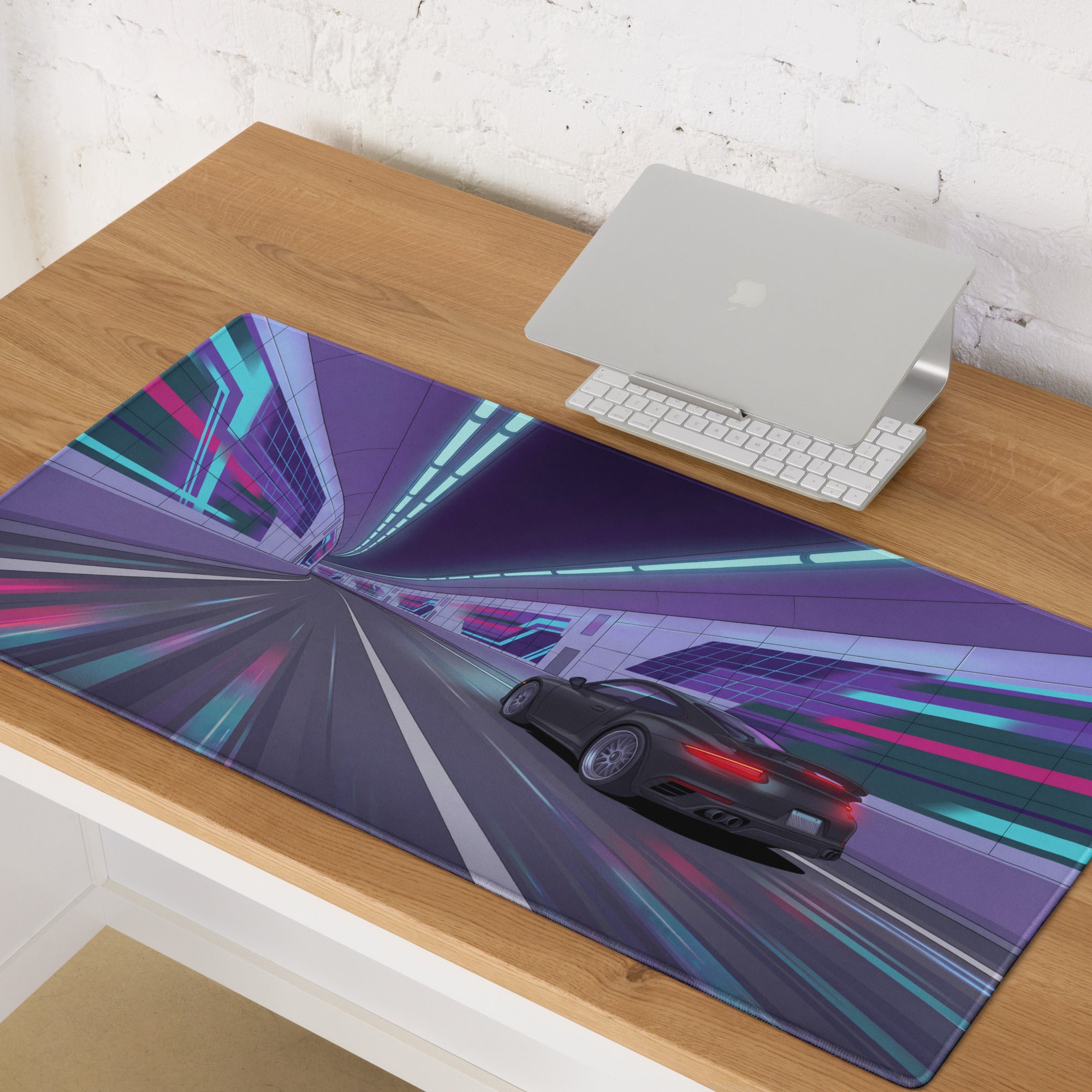 Porsche 911 Turbo S Inspired Black Purple Vaporwave Gaming Mouse Pad – Neon Cyberpunk Tunnel Desk Mat, Futuristic Racing Car Digital Artwork
