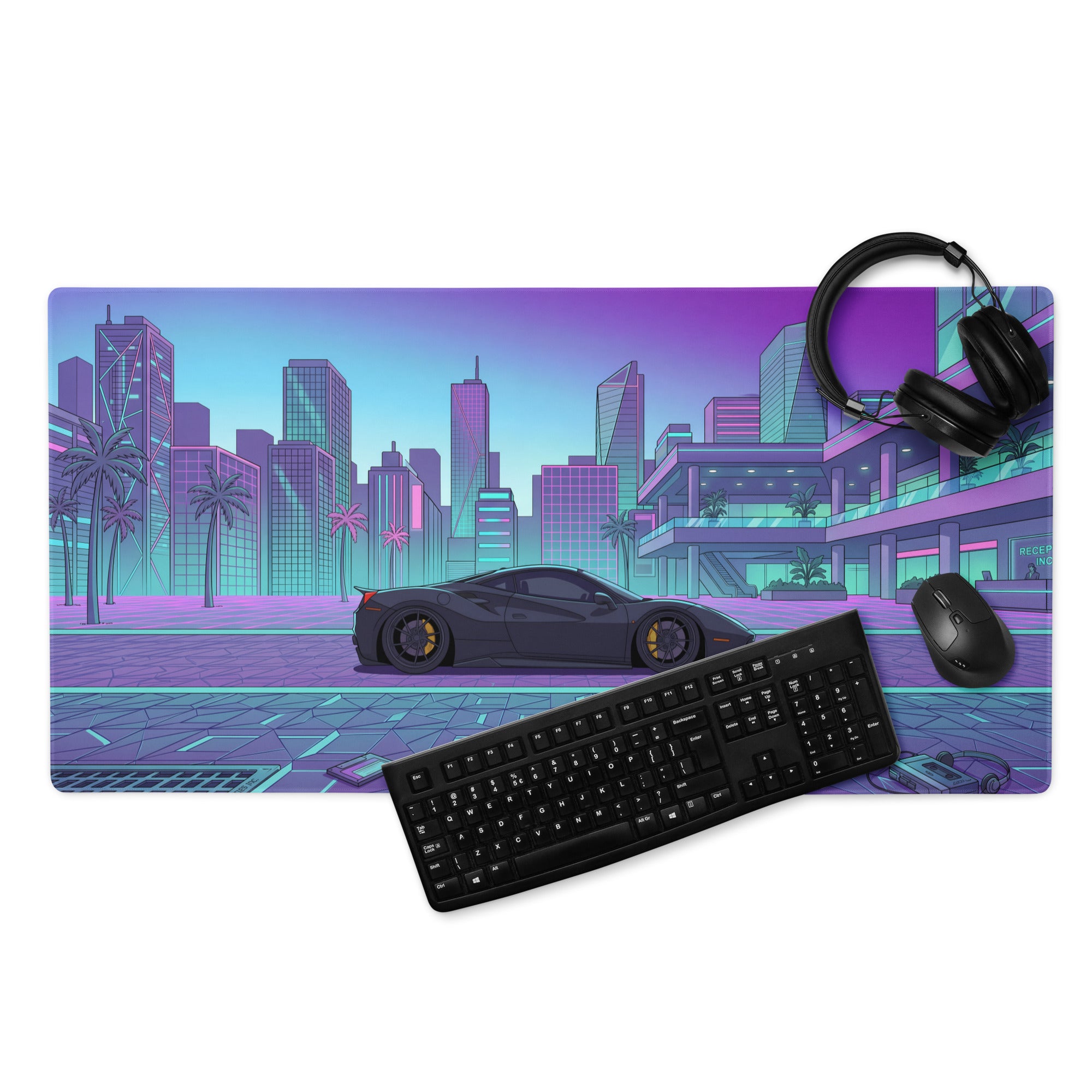 Ferrari 488 Pista Inspired Black Cyan Vaporwave Gaming Mouse Pad – Neon Retro City Desk Mat, Futuristic Supercar Digital Artwork, Synthwave Decor