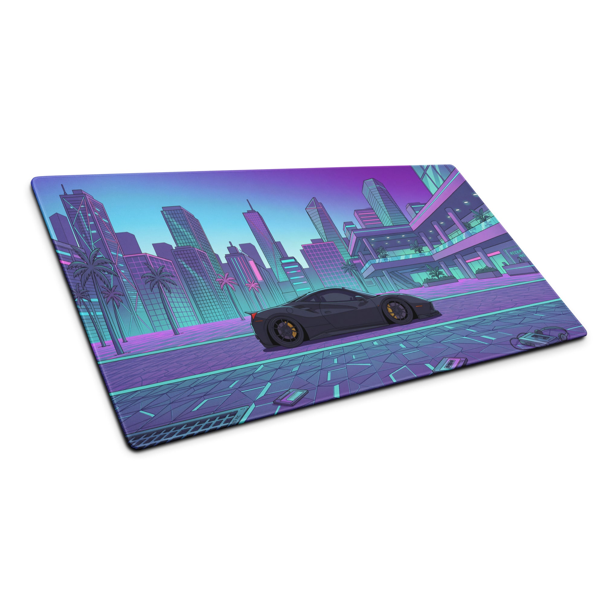Ferrari 488 Pista Inspired Black Cyan Vaporwave Gaming Mouse Pad – Neon Retro City Desk Mat, Futuristic Supercar Digital Artwork, Synthwave Decor