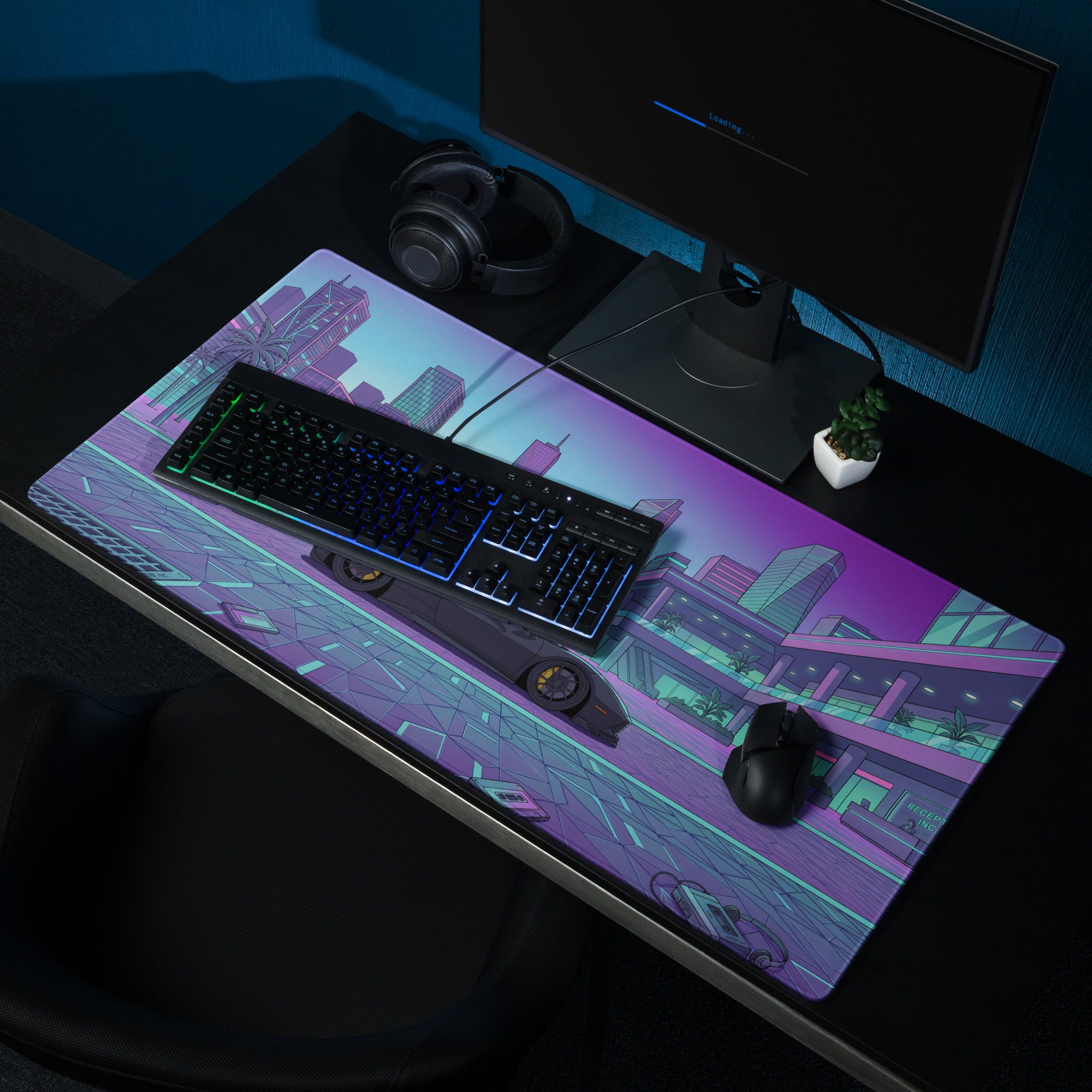 Ferrari 488 Pista Inspired Black Cyan Vaporwave Gaming Mouse Pad – Neon Retro City Desk Mat, Futuristic Supercar Digital Artwork, Synthwave Decor