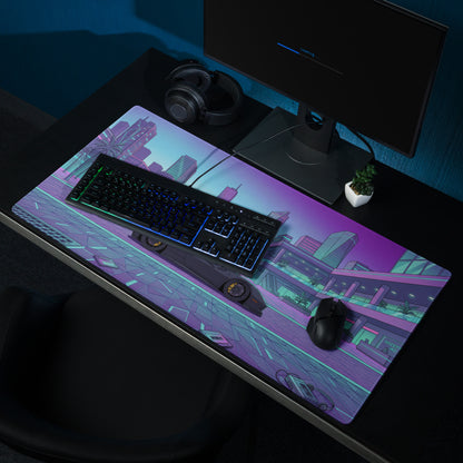 Ferrari 488 Pista Inspired Black Cyan Vaporwave Gaming Mouse Pad – Neon Retro City Desk Mat, Futuristic Supercar Digital Artwork, Synthwave Decor
