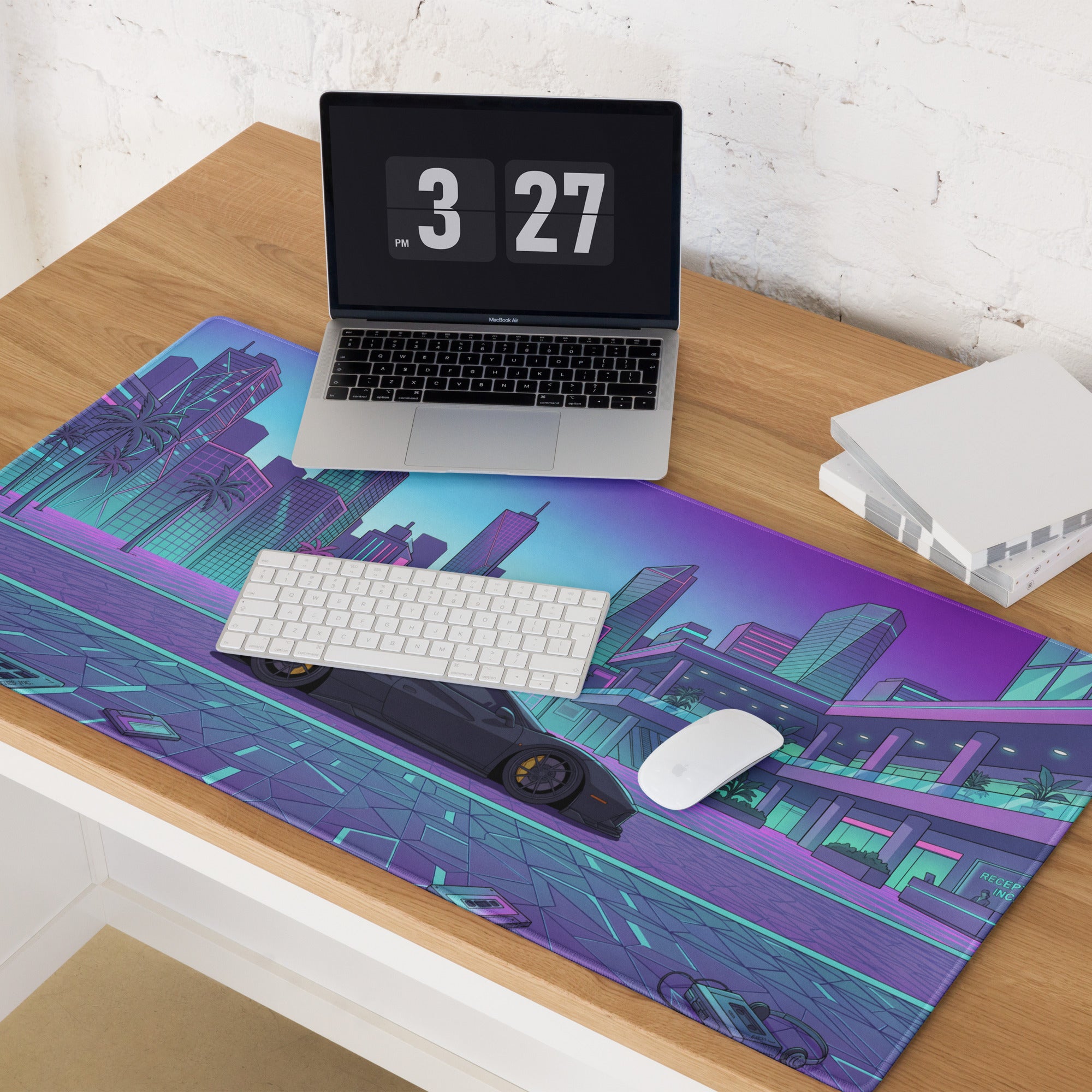 Ferrari 488 Pista Inspired Black Cyan Vaporwave Gaming Mouse Pad – Neon Retro City Desk Mat, Futuristic Supercar Digital Artwork, Synthwave Decor