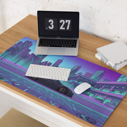 Ferrari 488 Pista Inspired Black Cyan Vaporwave Gaming Mouse Pad – Neon Retro City Desk Mat, Futuristic Supercar Digital Artwork, Synthwave Decor