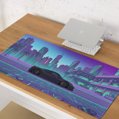 Ferrari 488 Pista Inspired Black Cyan Vaporwave Gaming Mouse Pad – Neon Retro City Desk Mat, Futuristic Supercar Digital Artwork, Synthwave Decor