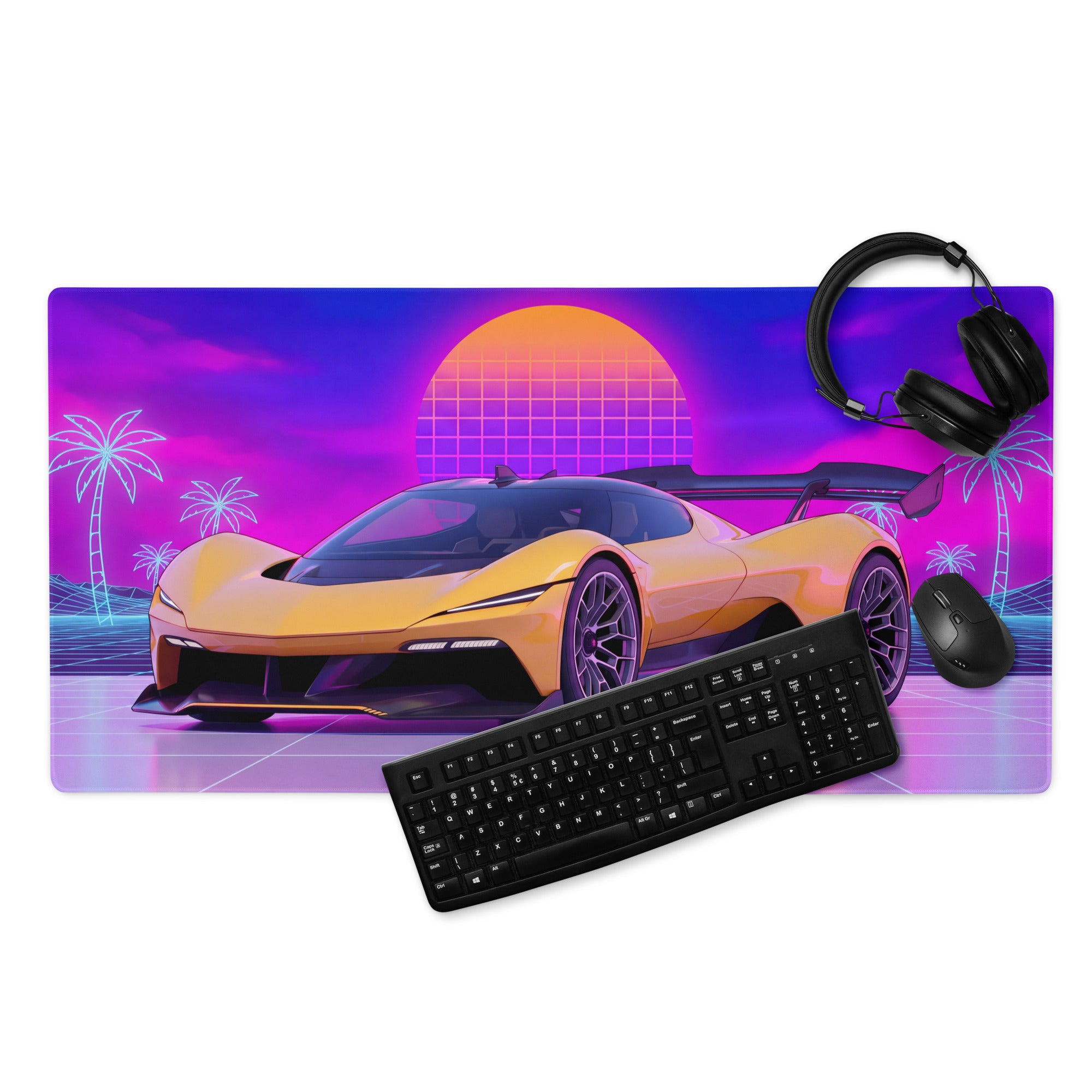 Chevrolet Corvette CX.R Vision Inspired Orange Purple Vaporwave Gaming Mouse Pad – Neon Palm Tree Grid Desk Mat, Retro Futuristic Hypercar Digital Artwork