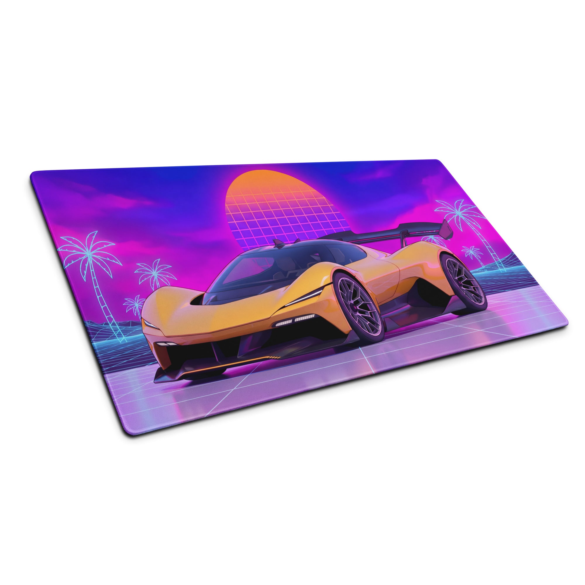 Chevrolet Corvette CX.R Vision Inspired Orange Purple Vaporwave Gaming Mouse Pad – Neon Palm Tree Grid Desk Mat, Retro Futuristic Hypercar Digital Artwork