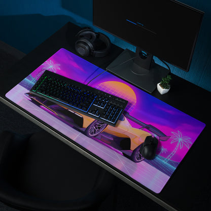 Chevrolet Corvette CX.R Vision Inspired Orange Purple Vaporwave Gaming Mouse Pad – Neon Palm Tree Grid Desk Mat, Retro Futuristic Hypercar Digital Artwork