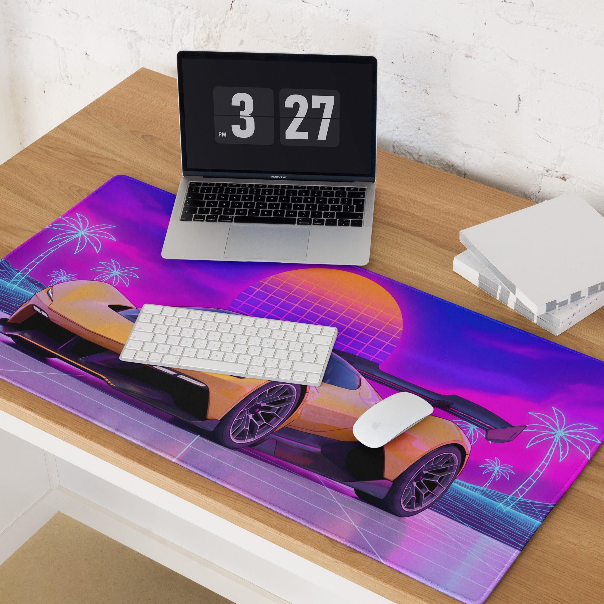 Chevrolet Corvette CX.R Vision Inspired Orange Purple Vaporwave Gaming Mouse Pad – Neon Palm Tree Grid Desk Mat, Retro Futuristic Hypercar Digital Artwork