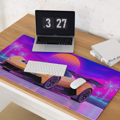 Chevrolet Corvette CX.R Vision Inspired Orange Purple Vaporwave Gaming Mouse Pad – Neon Palm Tree Grid Desk Mat, Retro Futuristic Hypercar Digital Artwork