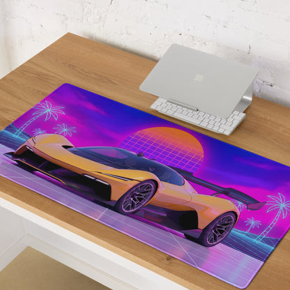 Chevrolet Corvette CX.R Vision Inspired Orange Purple Vaporwave Gaming Mouse Pad – Neon Palm Tree Grid Desk Mat, Retro Futuristic Hypercar Digital Artwork
