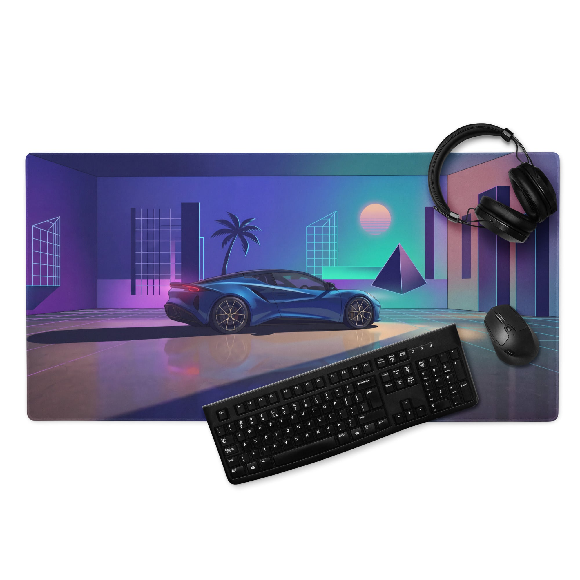Lotus Emira Inspired Blue Vaporwave Gaming Mouse Pad – Neon Futuristic Gallery Desk Mat, Retro Synthwave Supercar Digital Art