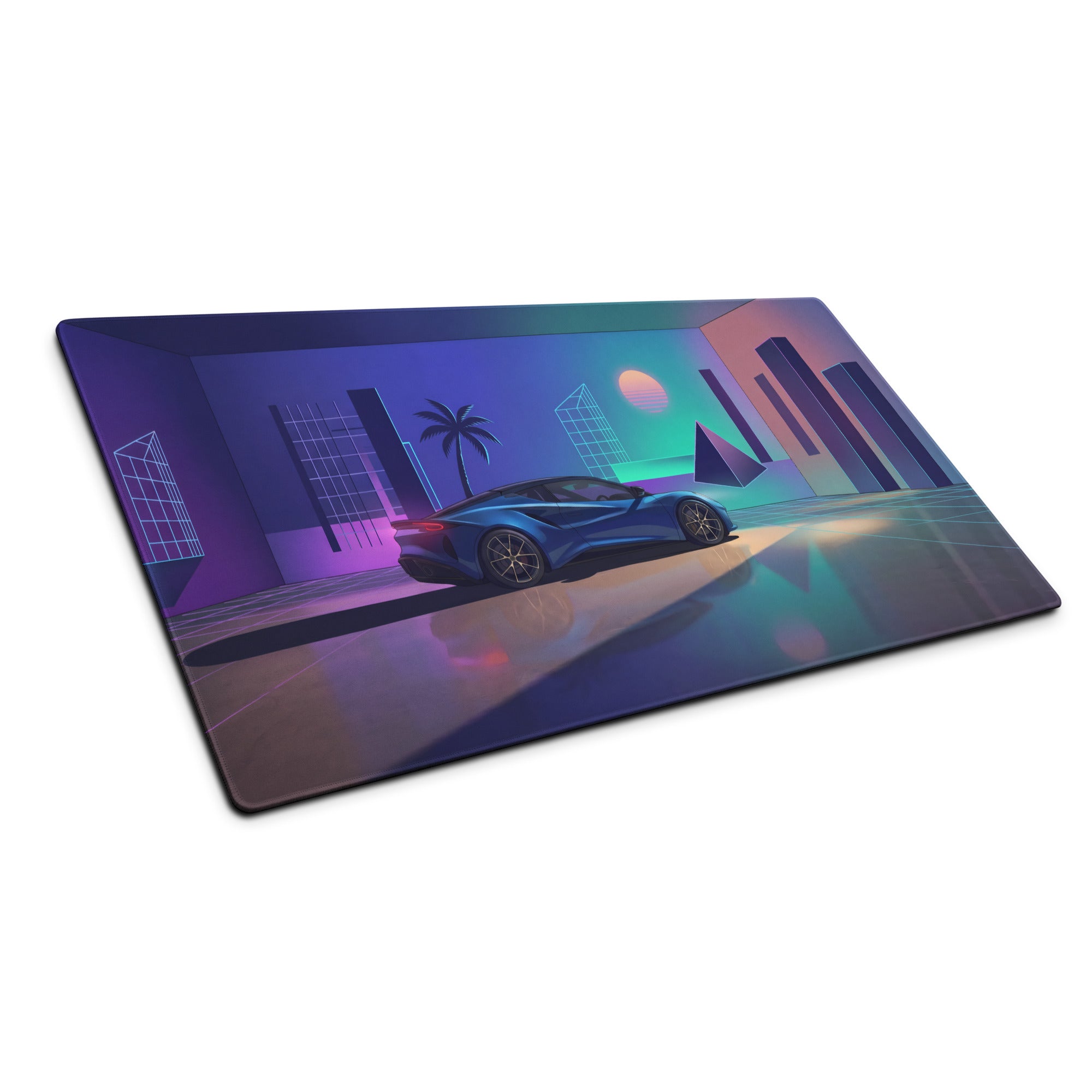Lotus Emira Inspired Blue Vaporwave Gaming Mouse Pad – Neon Futuristic Gallery Desk Mat, Retro Synthwave Supercar Digital Art
