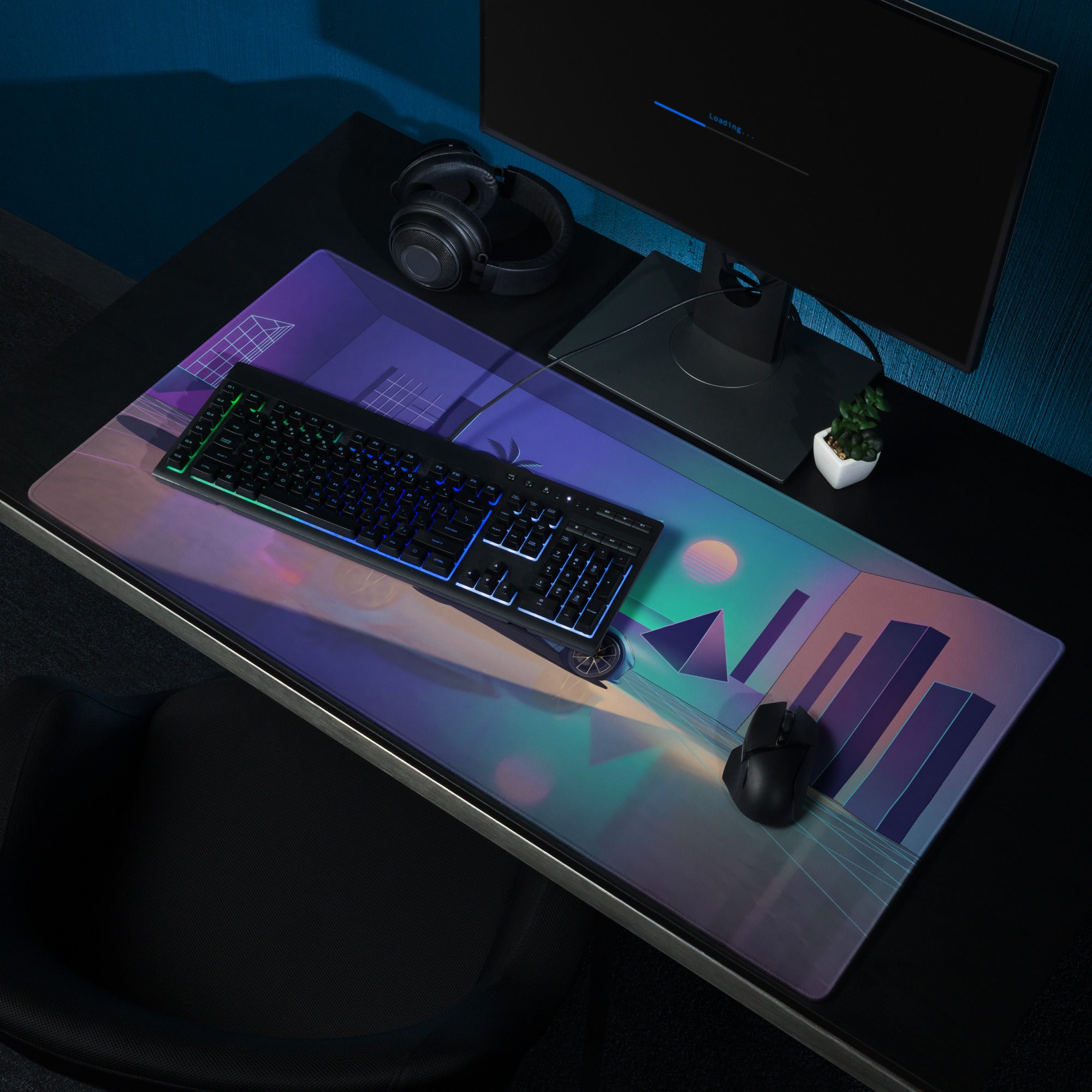 Lotus Emira Inspired Blue Vaporwave Gaming Mouse Pad – Neon Futuristic Gallery Desk Mat, Retro Synthwave Supercar Digital Art