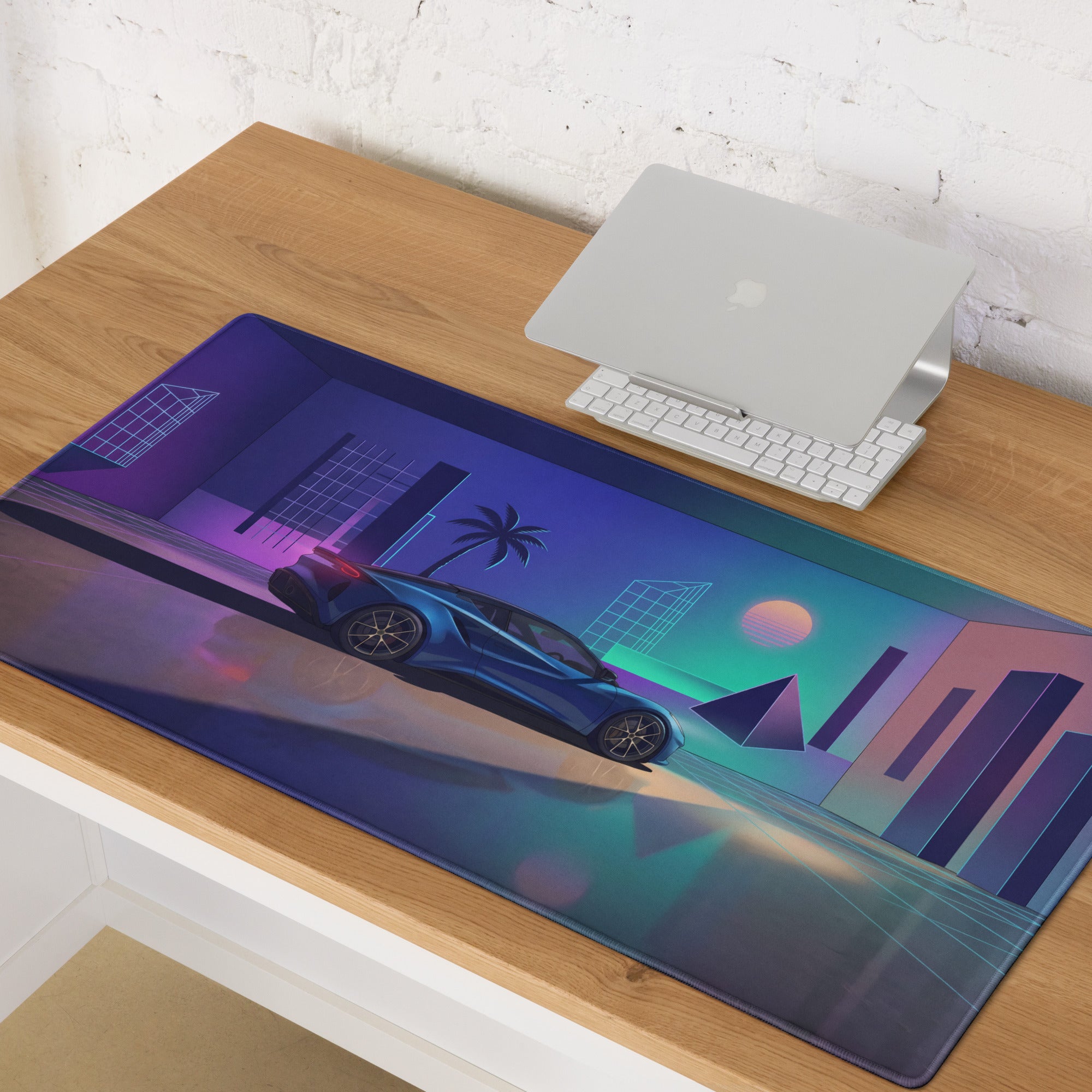 Lotus Emira Inspired Blue Vaporwave Gaming Mouse Pad – Neon Futuristic Gallery Desk Mat, Retro Synthwave Supercar Digital Art