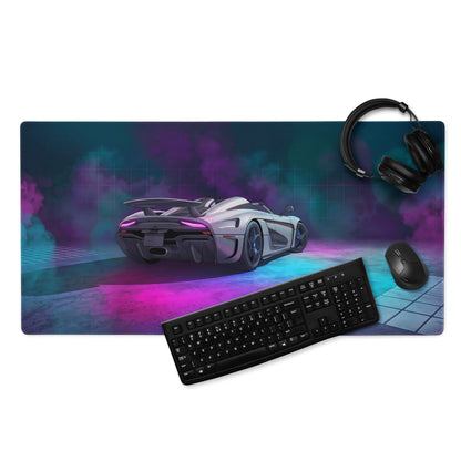 Koenigsegg Regera Inspired White Cyan Vaporwave Gaming Mouse Pad – Neon Smoke Supercar Desk Mat, Futuristic Synthwave Digital Artwork