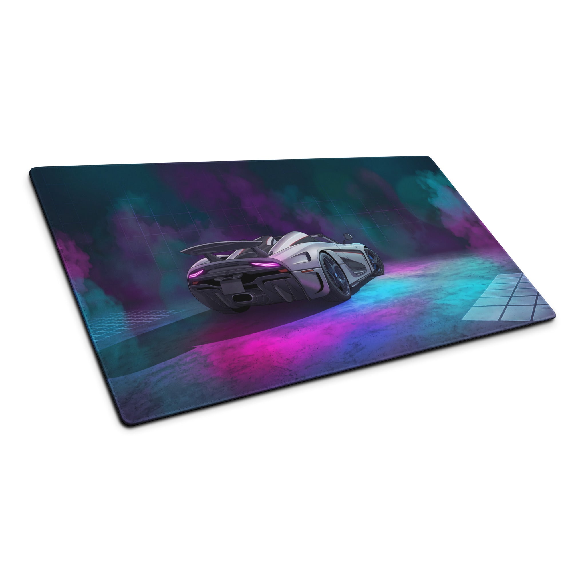 Koenigsegg Regera Inspired White Cyan Vaporwave Gaming Mouse Pad – Neon Smoke Supercar Desk Mat, Futuristic Synthwave Digital Artwork