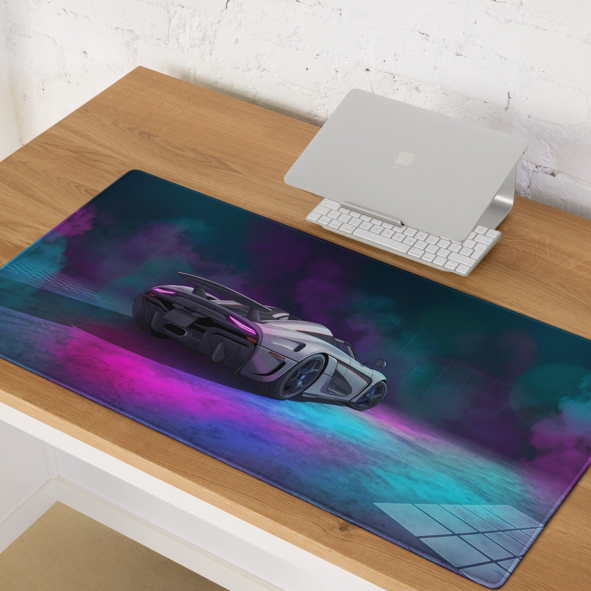 Koenigsegg Regera Inspired White Cyan Vaporwave Gaming Mouse Pad – Neon Smoke Supercar Desk Mat, Futuristic Synthwave Digital Artwork