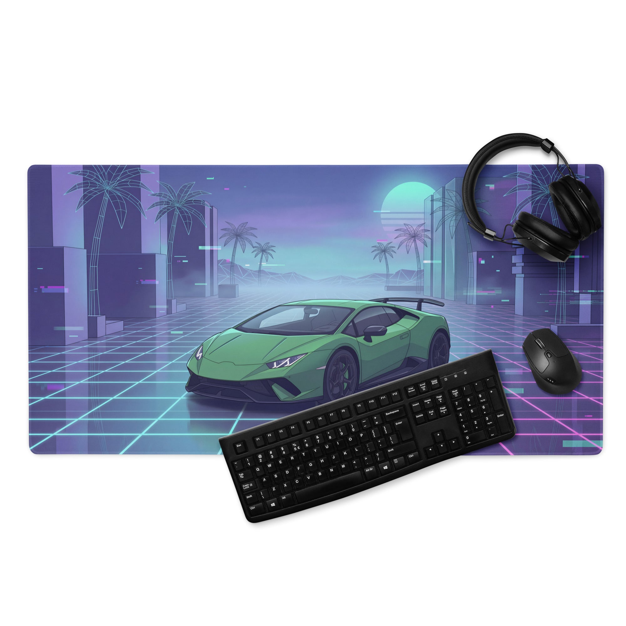 Lamborghini Huracán Performante Inspired Green Vaporwave Gaming Mouse Pad – Neon Grid City Desk Mat, Retro Futuristic Supercar Digital Artwork